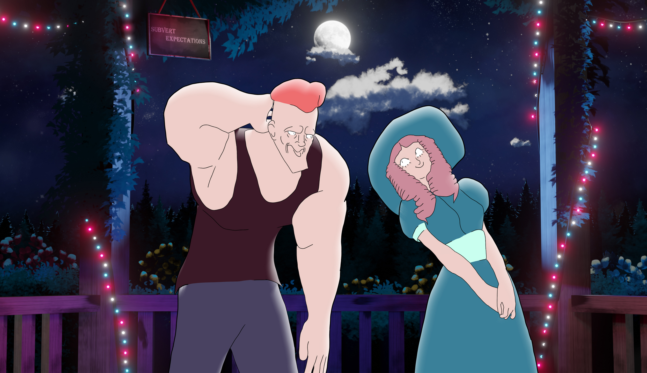 A thumbnail of the 2D animation by James Hothi featuring a shot of the two characters as they look into each other's eyes with conflicting emotions.