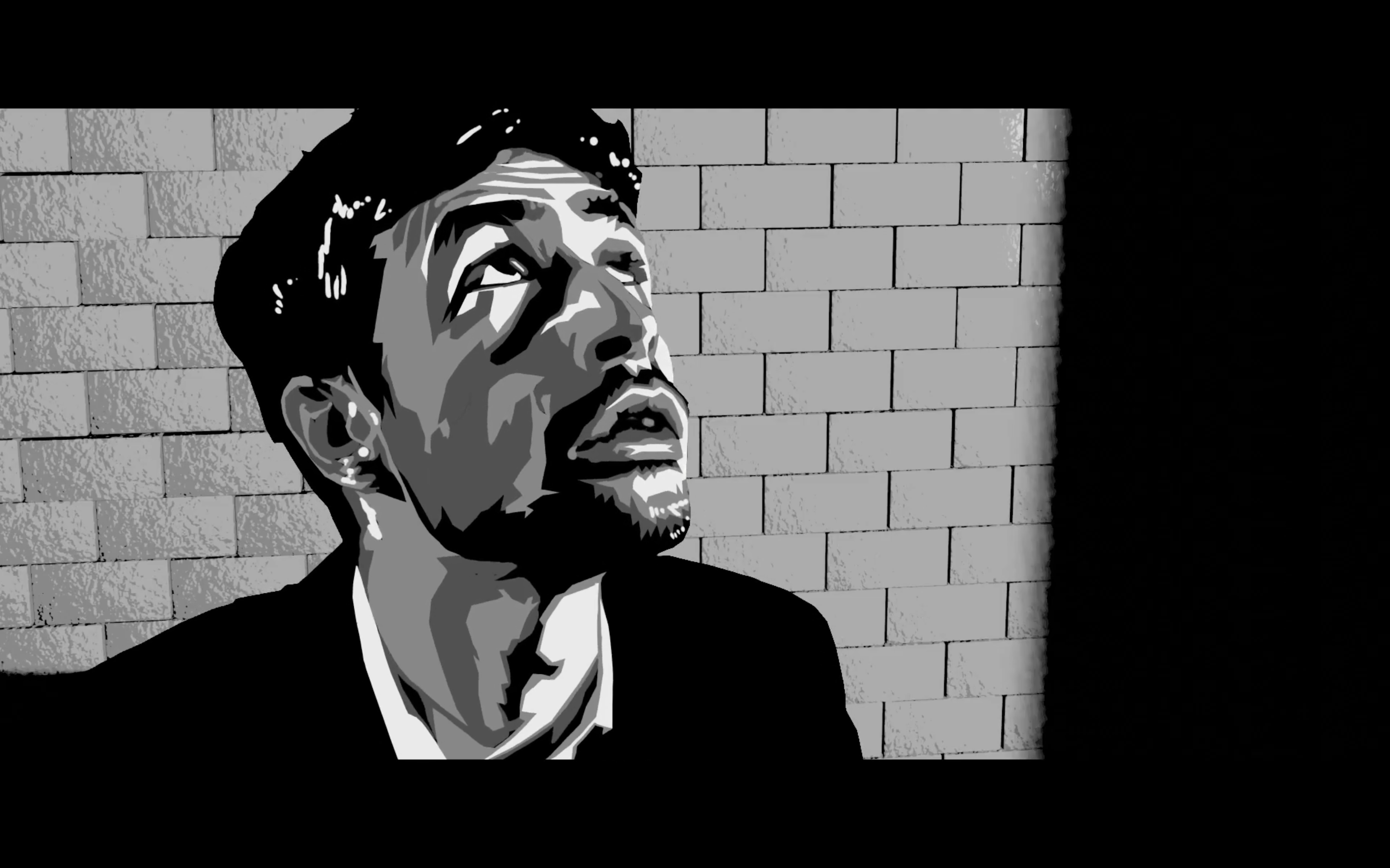 A black and white animated still from No Reprieve featuring my rotoscoped acting to create an animated look for the character.