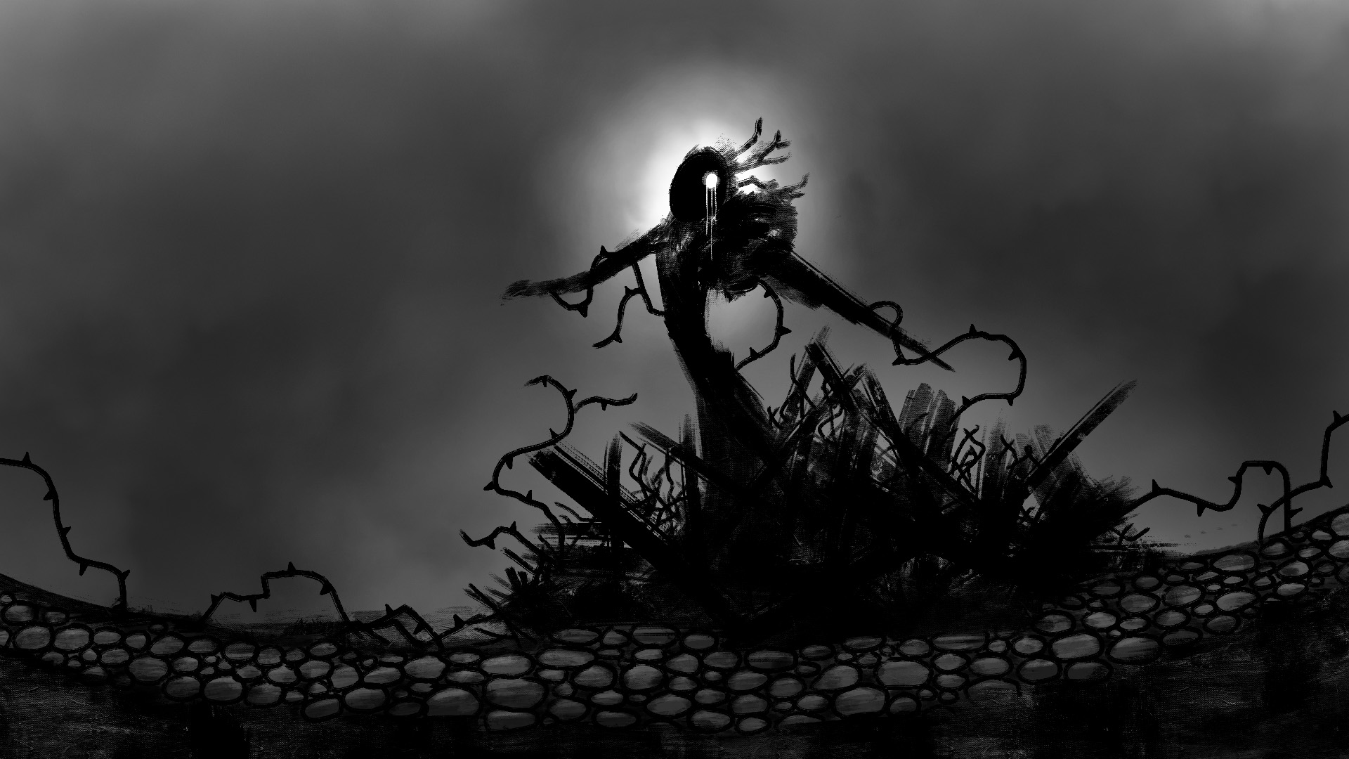 Games Art and Design work by Jamie Wood showing a shadowy figure atop an old pyre, surrounded by a cobblestone pathway
