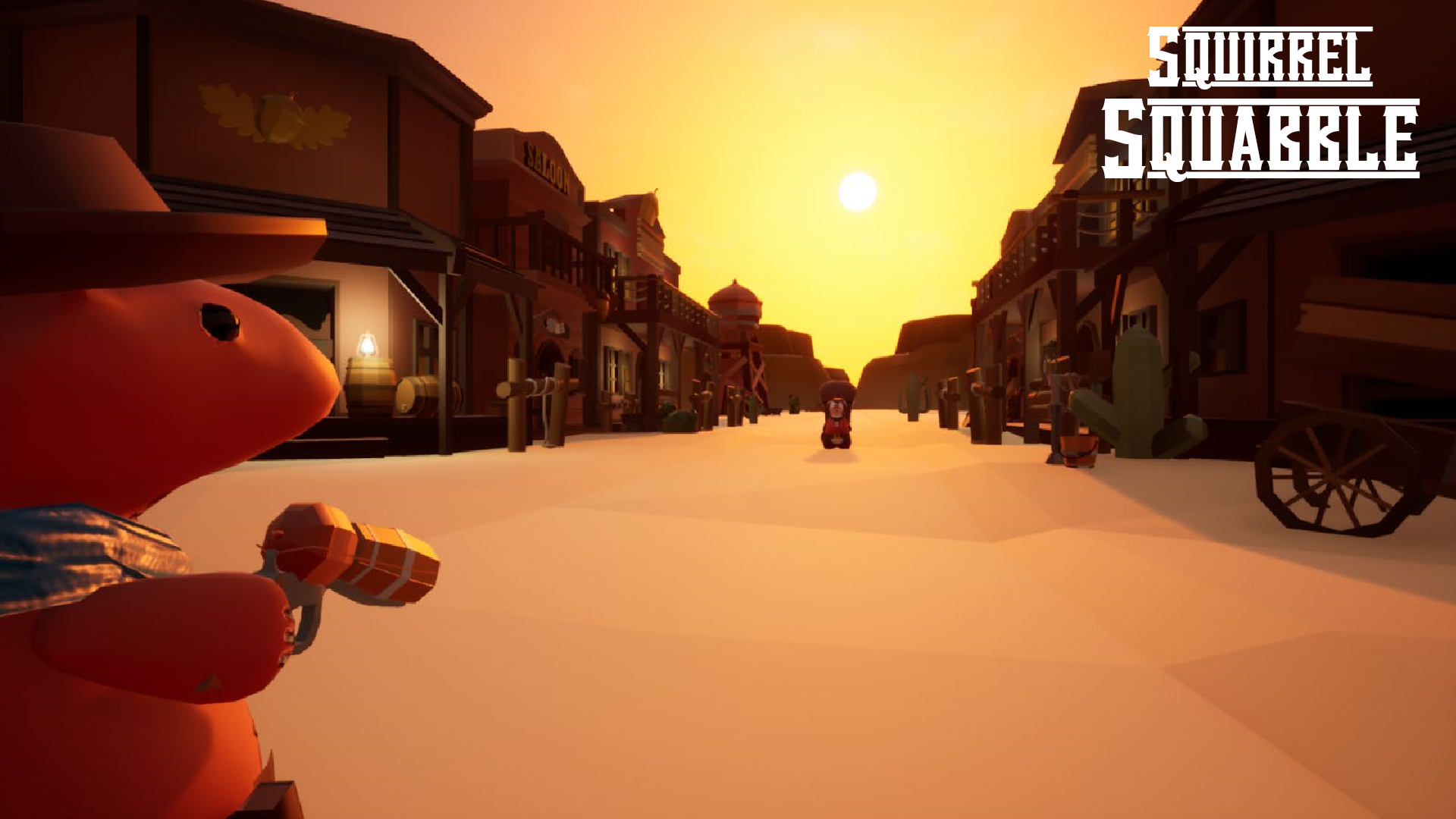A screenshot of a university game jam co-developed by Karmański, featuring a western-inspired environment with two squirrel characters facing each other in a standoff.