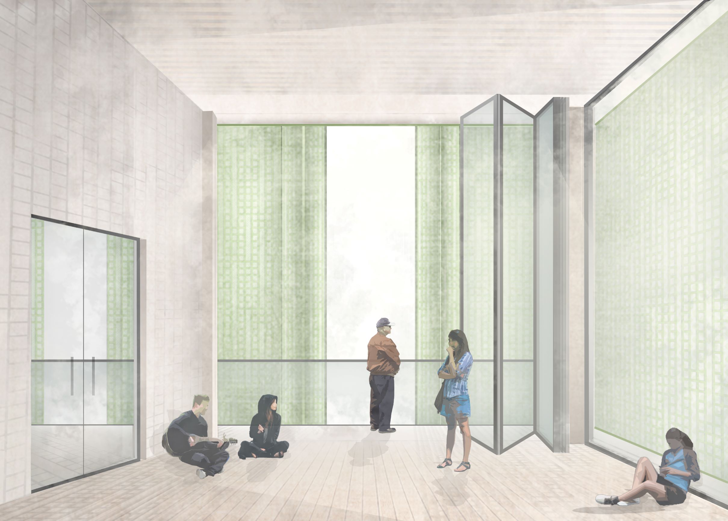 BA (Hons) Architecture work by Jane Ezechi showing an interior view of green perforated screens.