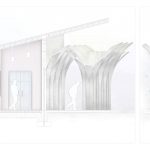 BA (Hons) Architecture work by Jane Ezechi showing a section of the interior of the congregation hall proposal and archways.