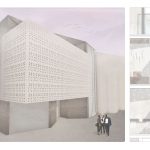 BA (Hons) Architecture work by Jane Ezechi showing an exterior view of school for the blind showing perforated screens.