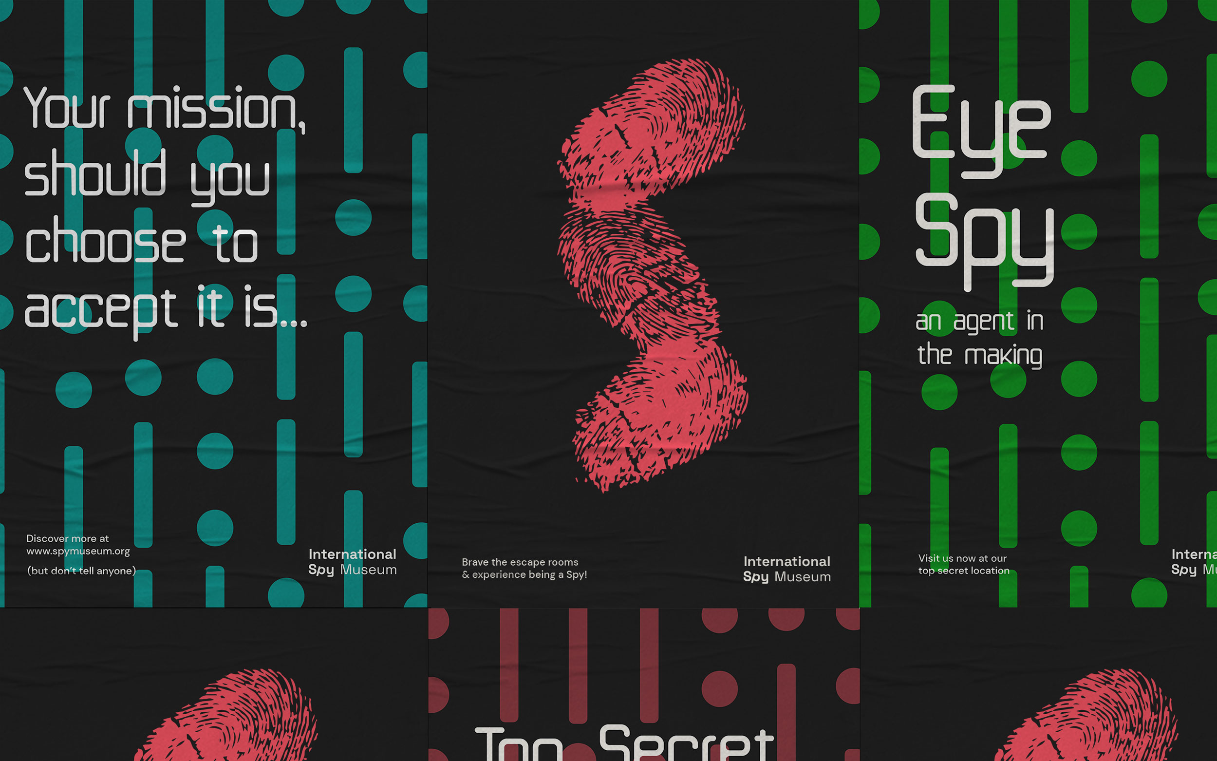 BA Graphic Communication work by Jasmine Parkin showing posters for the International Spy Museum. Black posters with neon blue, red and green visuals.