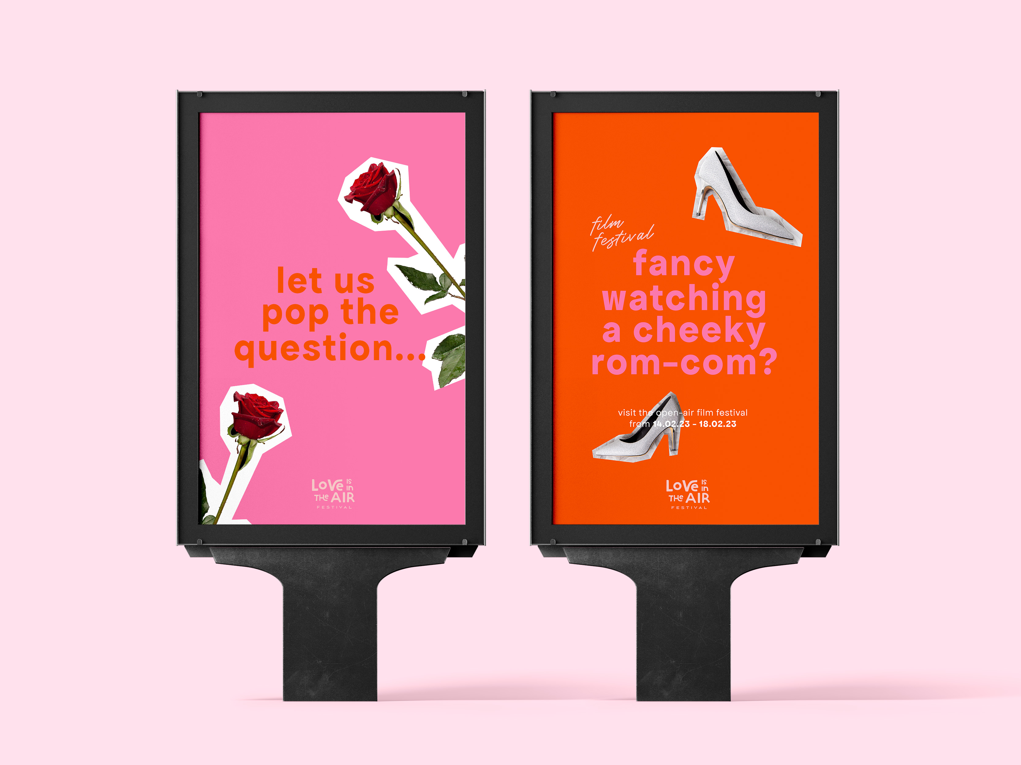 BA Graphic Communication work by Jasmine Parkin showing two posters with pink and orange backgrounds and featuring playful copywriting and collage cut-out visuals.