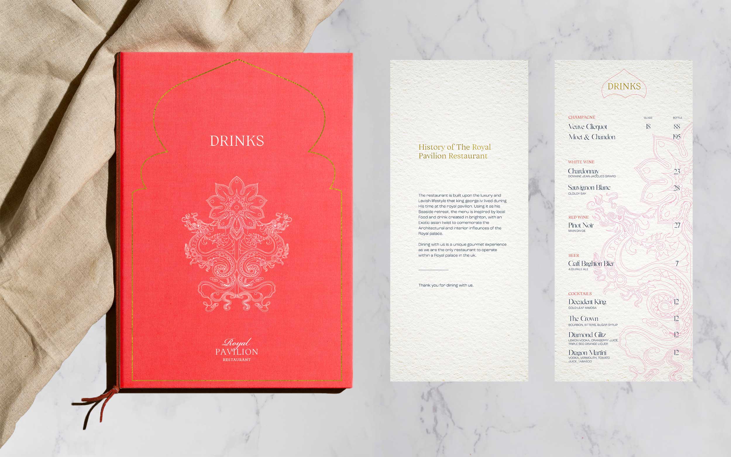 BA Graphic Communication work by Jasmine Parkin showing the red drinks menu featuring a dragon illustration and gold foiling and drinks pages.