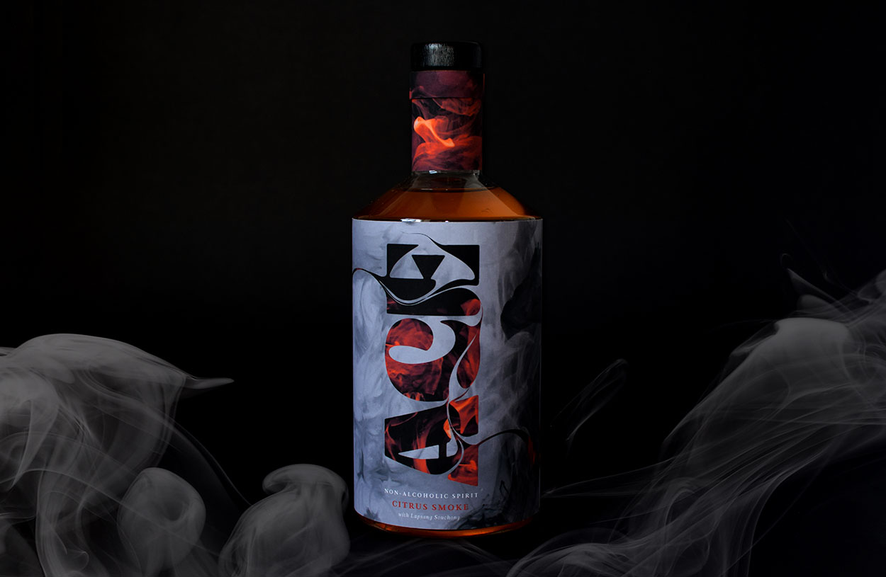 BA Graphic Design work by Jess Bell showing a spirit bottle with smoky packaging and type.