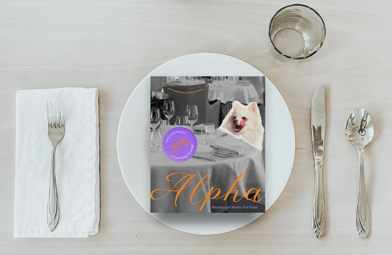 BA Graphic Design work by Jess Bell of dog food packaging; showing images of fine dining restaurants being trashed by dogs in collage.