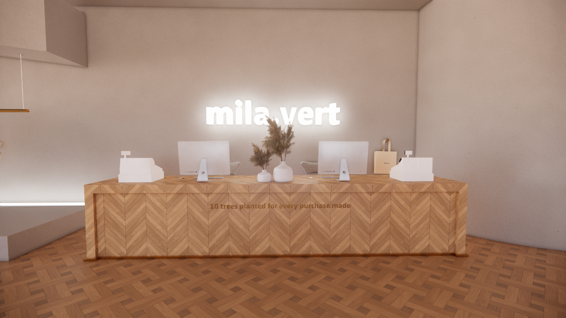 The front desk of my mila.vert store project. Designed to be modern whilst utilising sustainable materials.