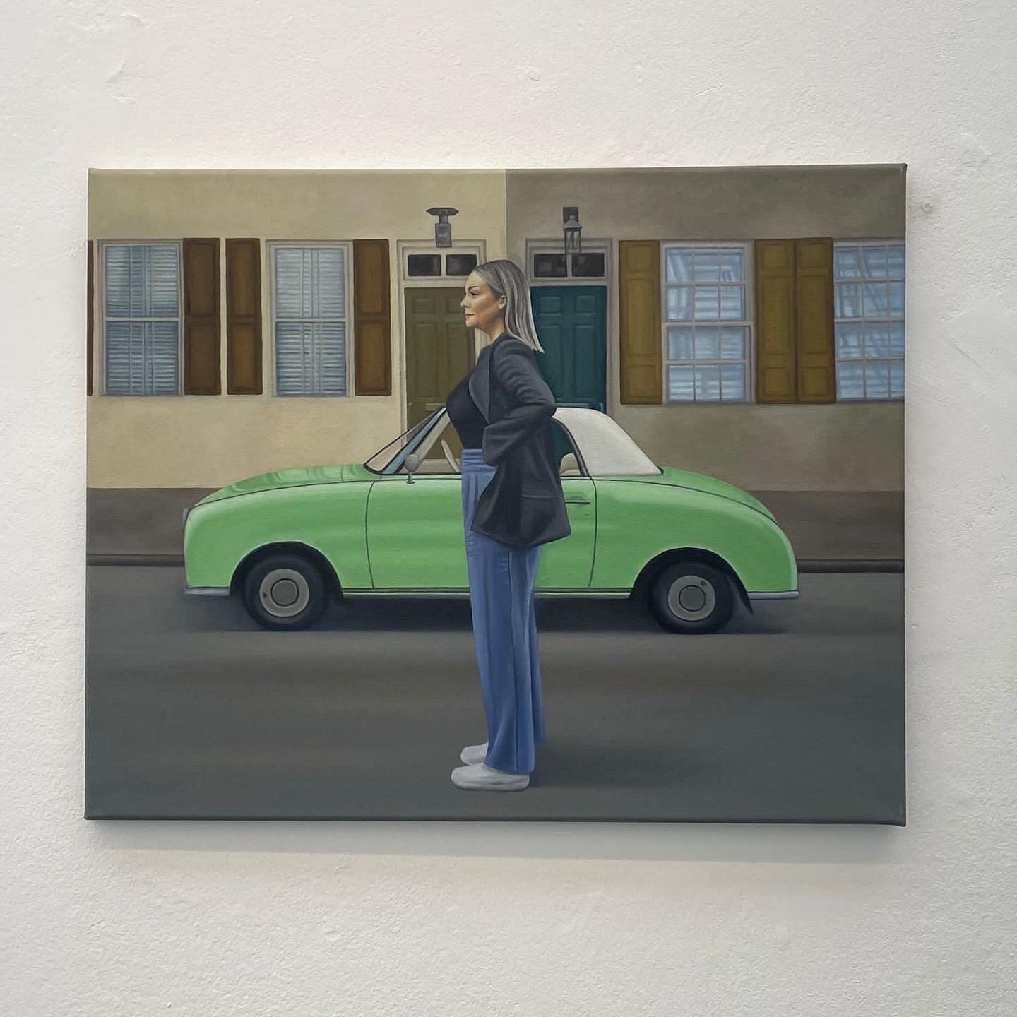 BA Fine Art work by Jessica Fearon showing a girl standing in front of a bright green car