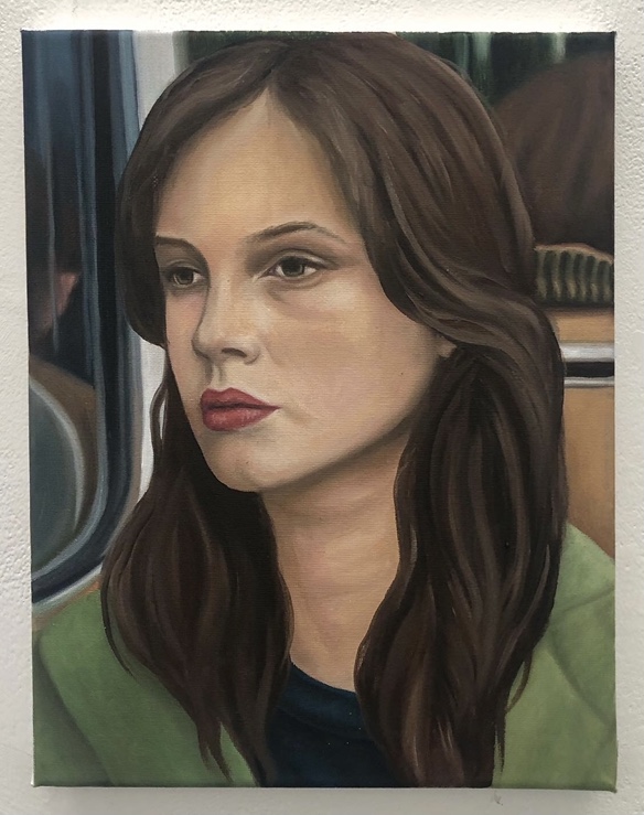 BA Fine Art work by Jessica Fearon showing a painting of a girl sat on the bus at night