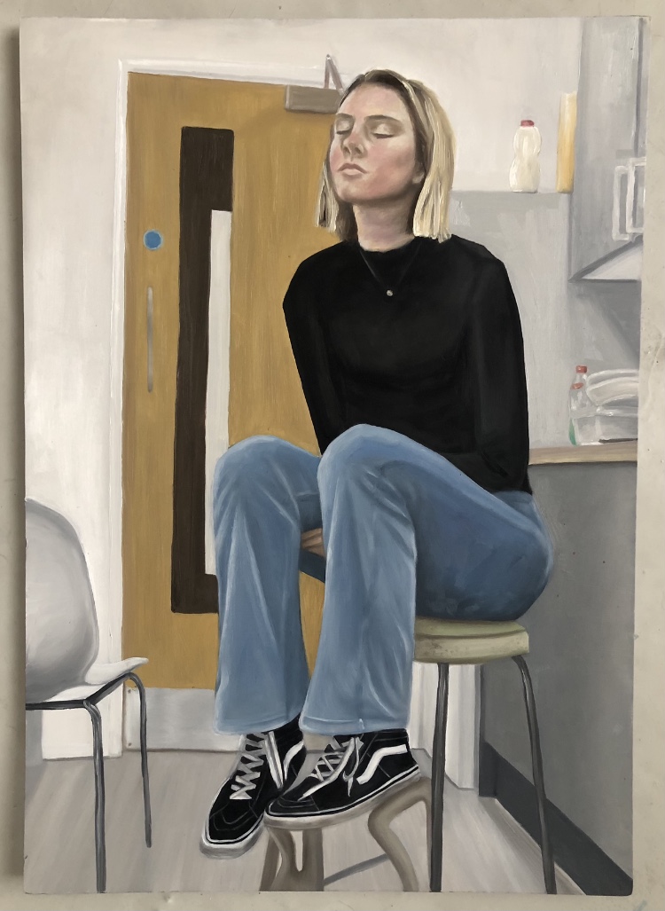 BA Fine Art work by Jessica Fearon showing a painting of a girl sat on a stool in her university dorm kitchen