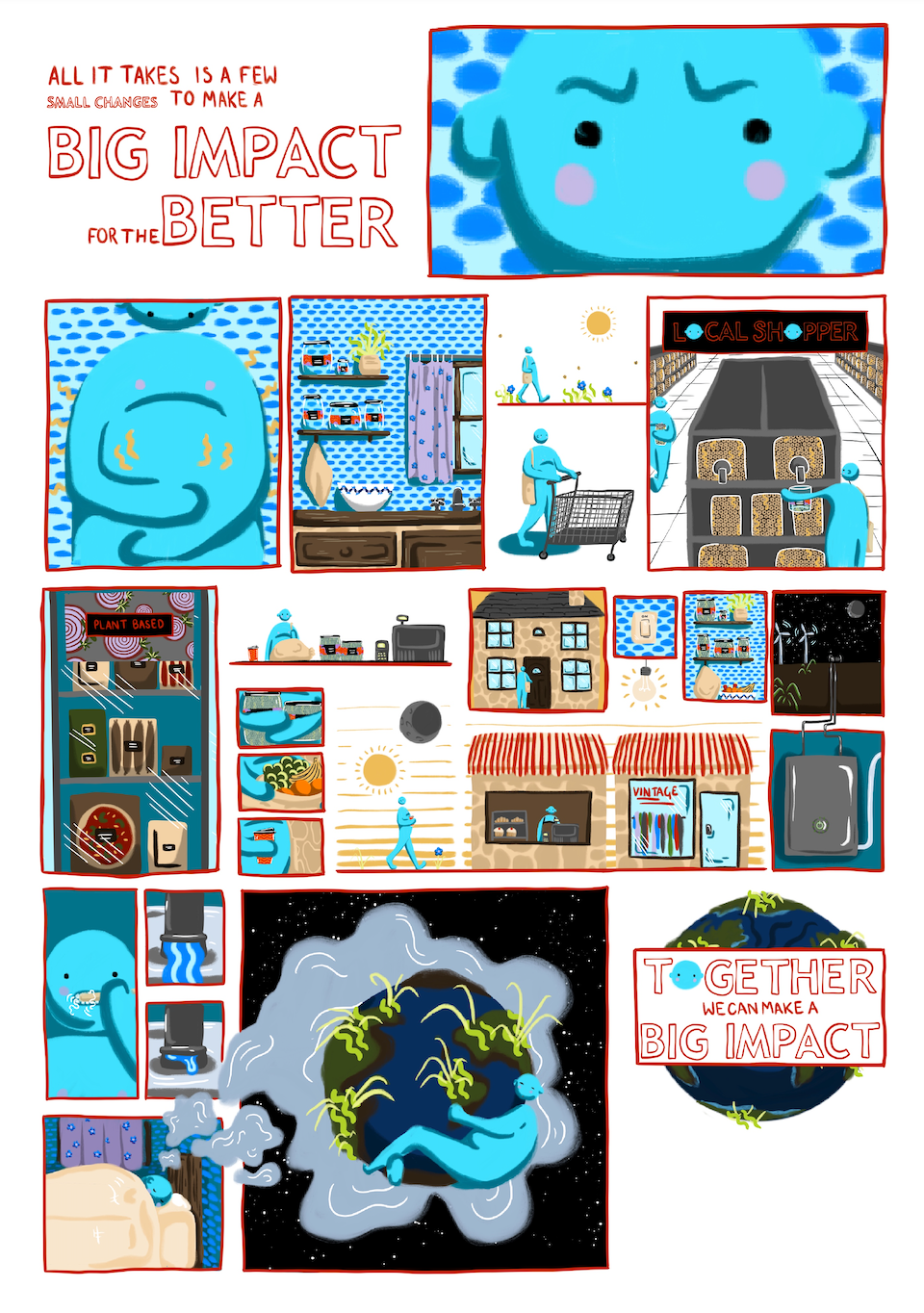 The ways in which we can introduce small practices of sustainability into our lives to establish environmental stability as a society, told through a graphic novel style poster.
