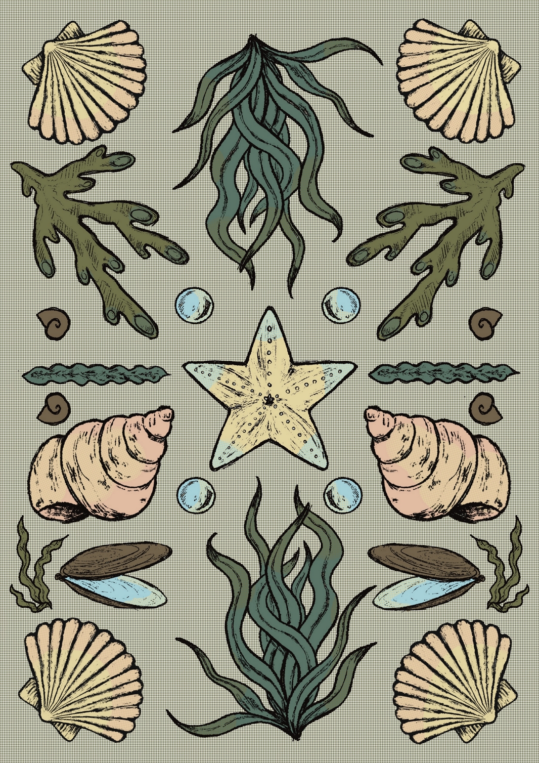 BA artwork by Joanna Asia Kazub. A symmetrical illustration of marine elements such as shells, seaweed and starfish. The colours are pastel and half-toned giving it a vintage feeling.