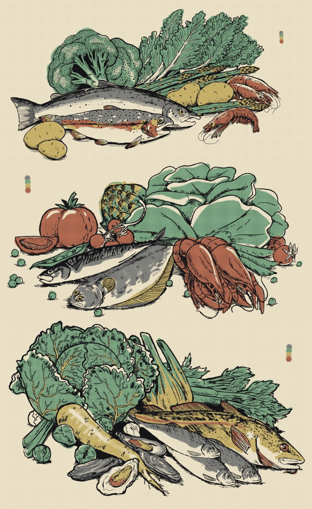 BA artwork by Joanna Asia Kazub. Four postcards showing different fresh products, such as fish and vegetables. The texture of colours give the illustration a vintage feel.