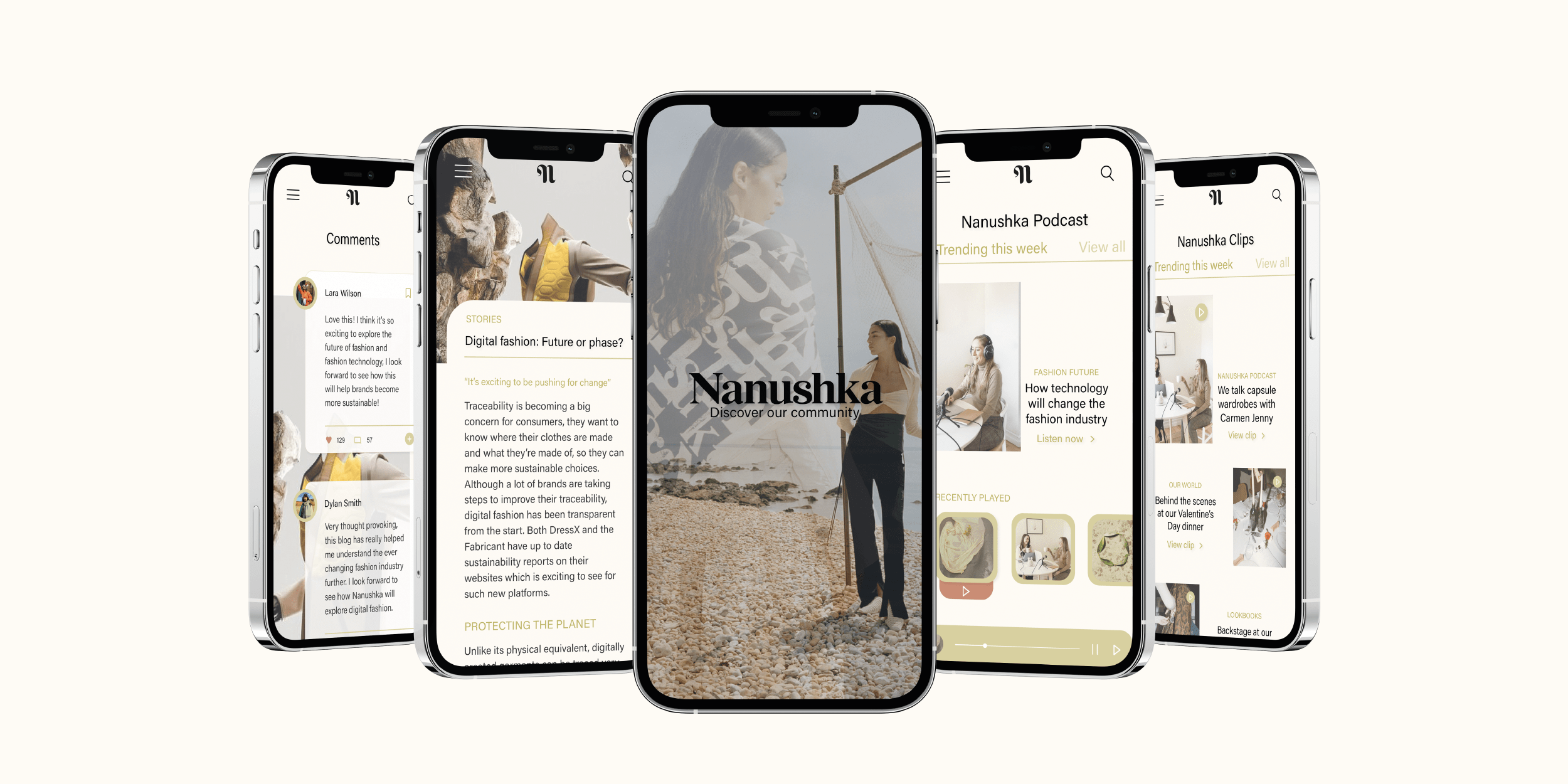 Mock-up shows an app proposal design by fashion communication and promotion student Jodie Moss. The app features a podcast, blog, behind the scenes video clips and comment section.