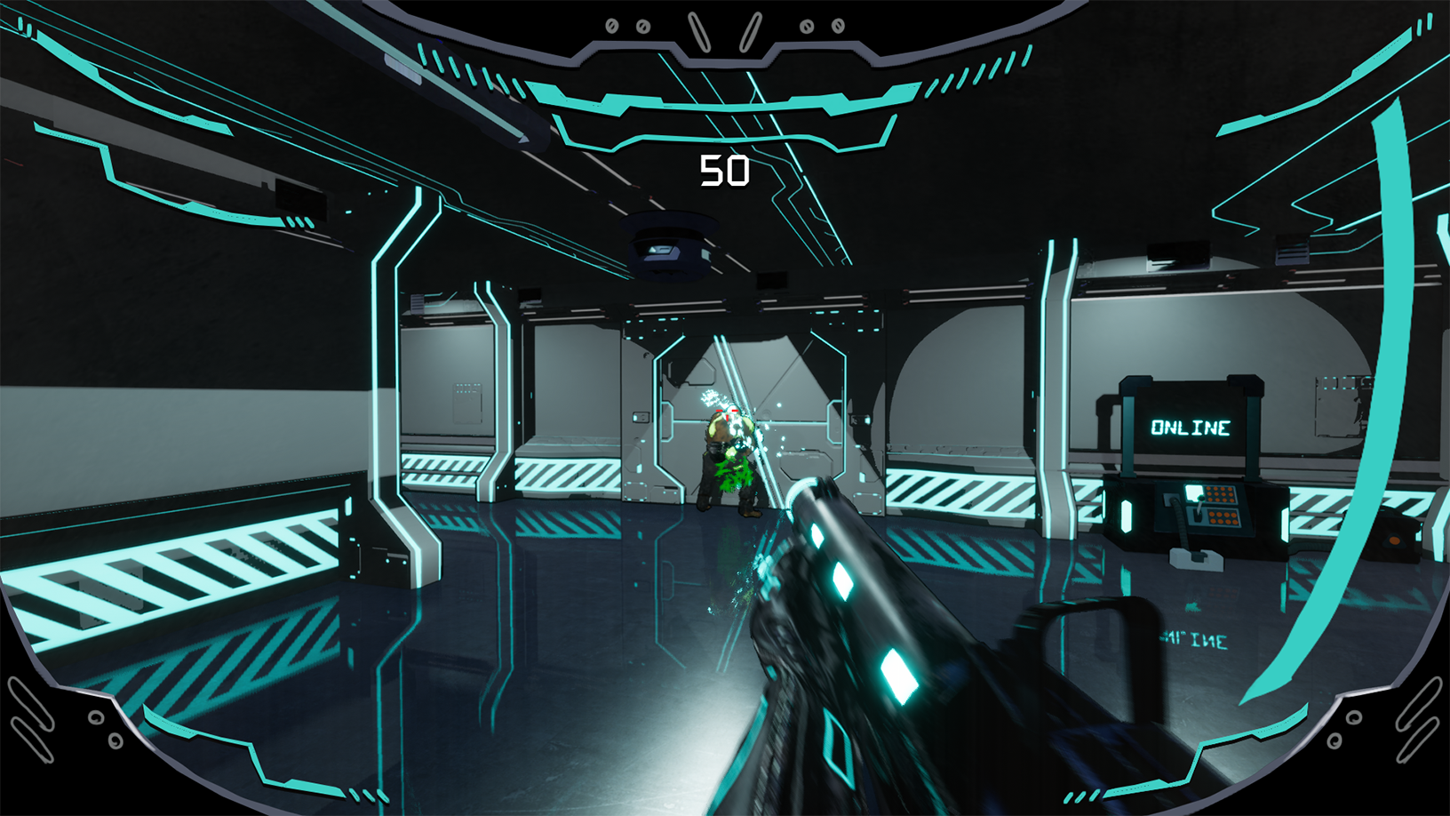 BA Games Art and Design work by Joe Hamilton showing a screenshot of his global games jam submission; a first-person futuristic shooter