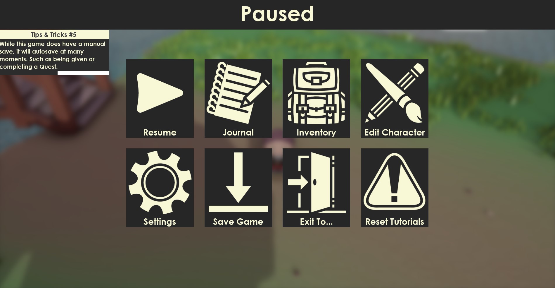 BSc Games Development work by Josh Brinton, a pause menu showcasing the unique UI Design.