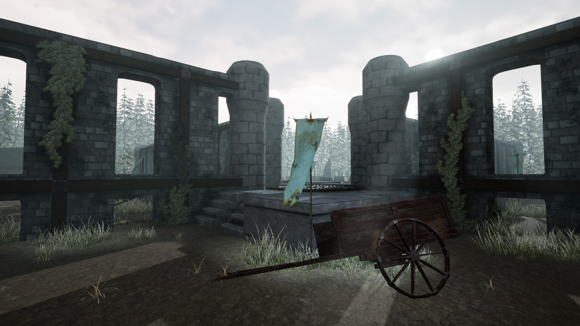 A screenshot of a game displaying a wooden cart, a banner in the wind and a large, stone structure