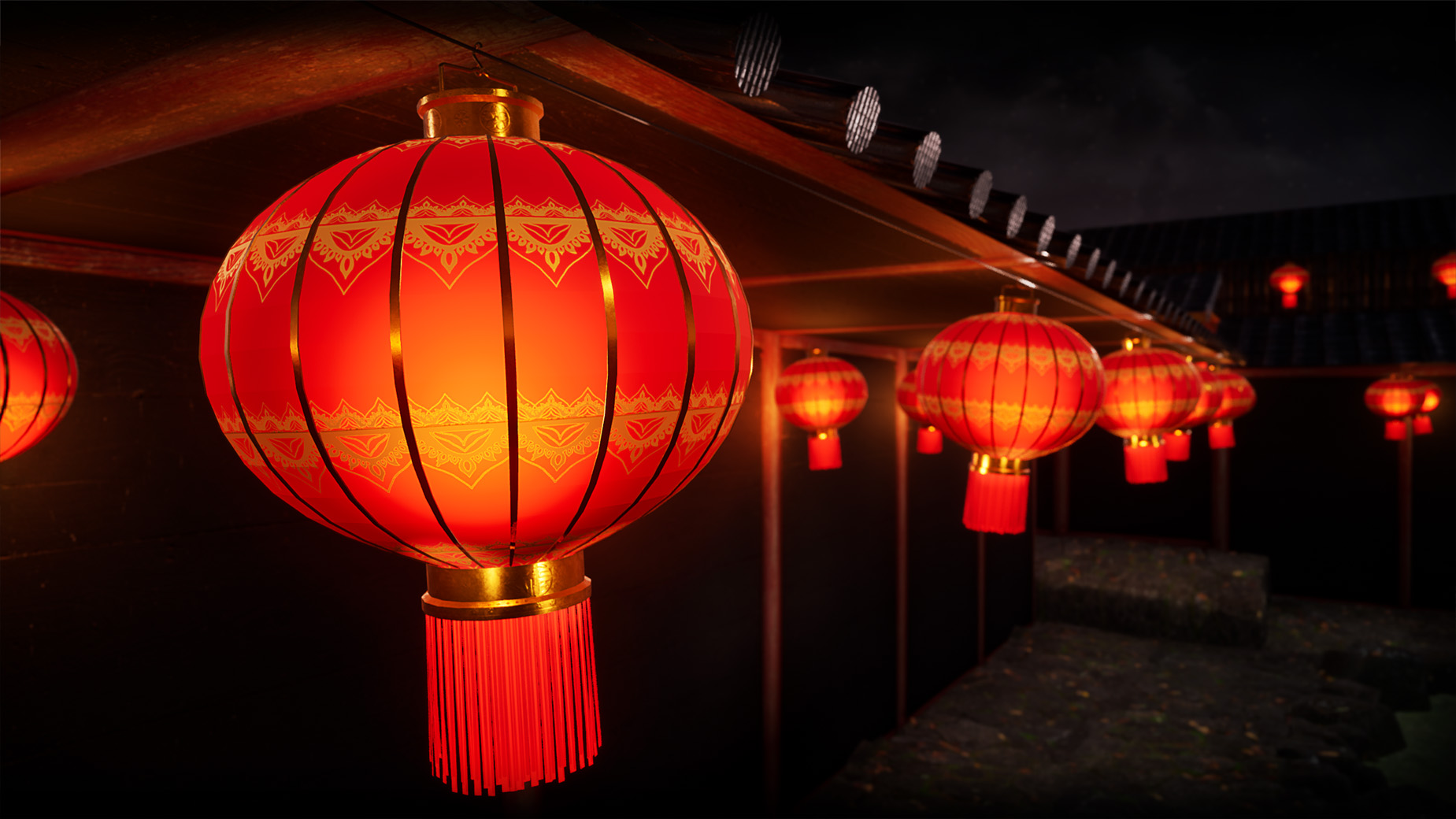 A walkway of glowing Chinese paper lanterns hanging from a roof