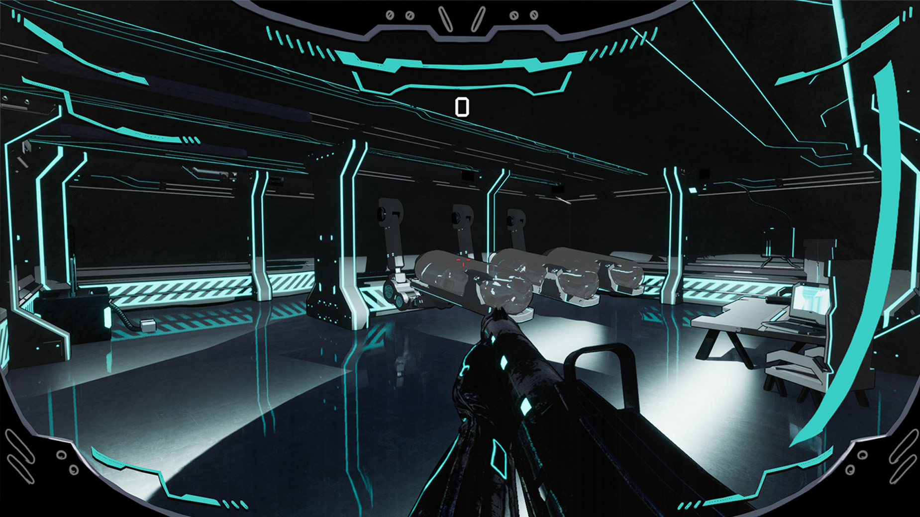 A screenshot from a game displaying a brightly lit science fiction room with glass pods and technical equipment