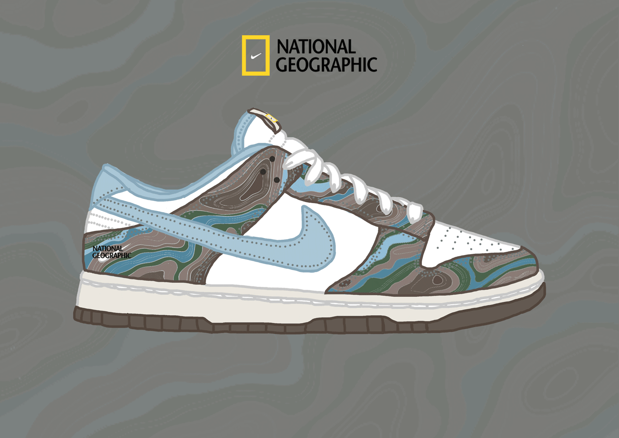 BA Fashion Communications and promotion work by Kaitlyn Lay, presenting a rotating gif of a collaborative shoe concept by National Geographic and Nike.