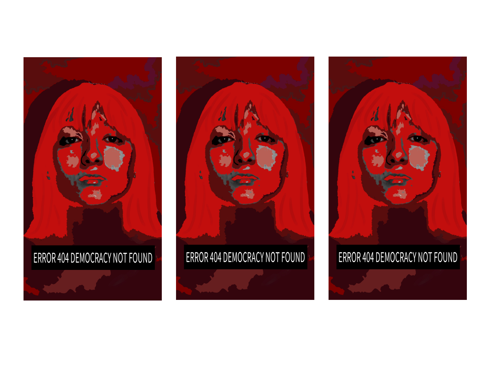 BA Fine art work by Kamila Jakubiak. Trio of digital self-portrait in shades of red.