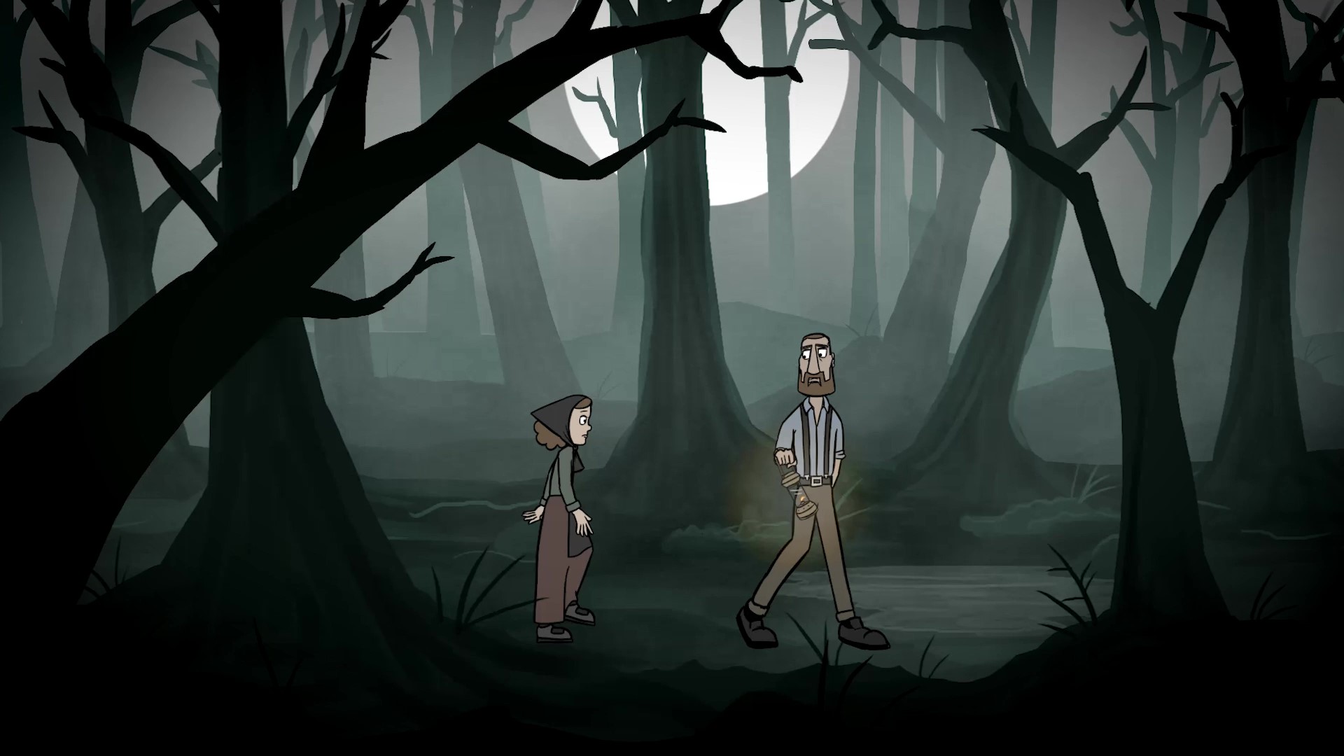 BA Animation work by Kane Mann showing a father and his daughter walking through a dark forest. The father is holding an oil lamp with an orange glow.