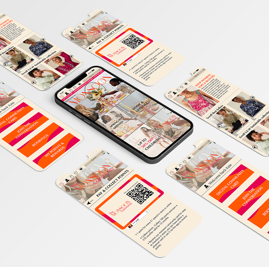 App mock-up by Kate Heil showing the launch of a Monsoon app designed in the new branding style, with features to enhance the consumer shopping experience in-store and online.