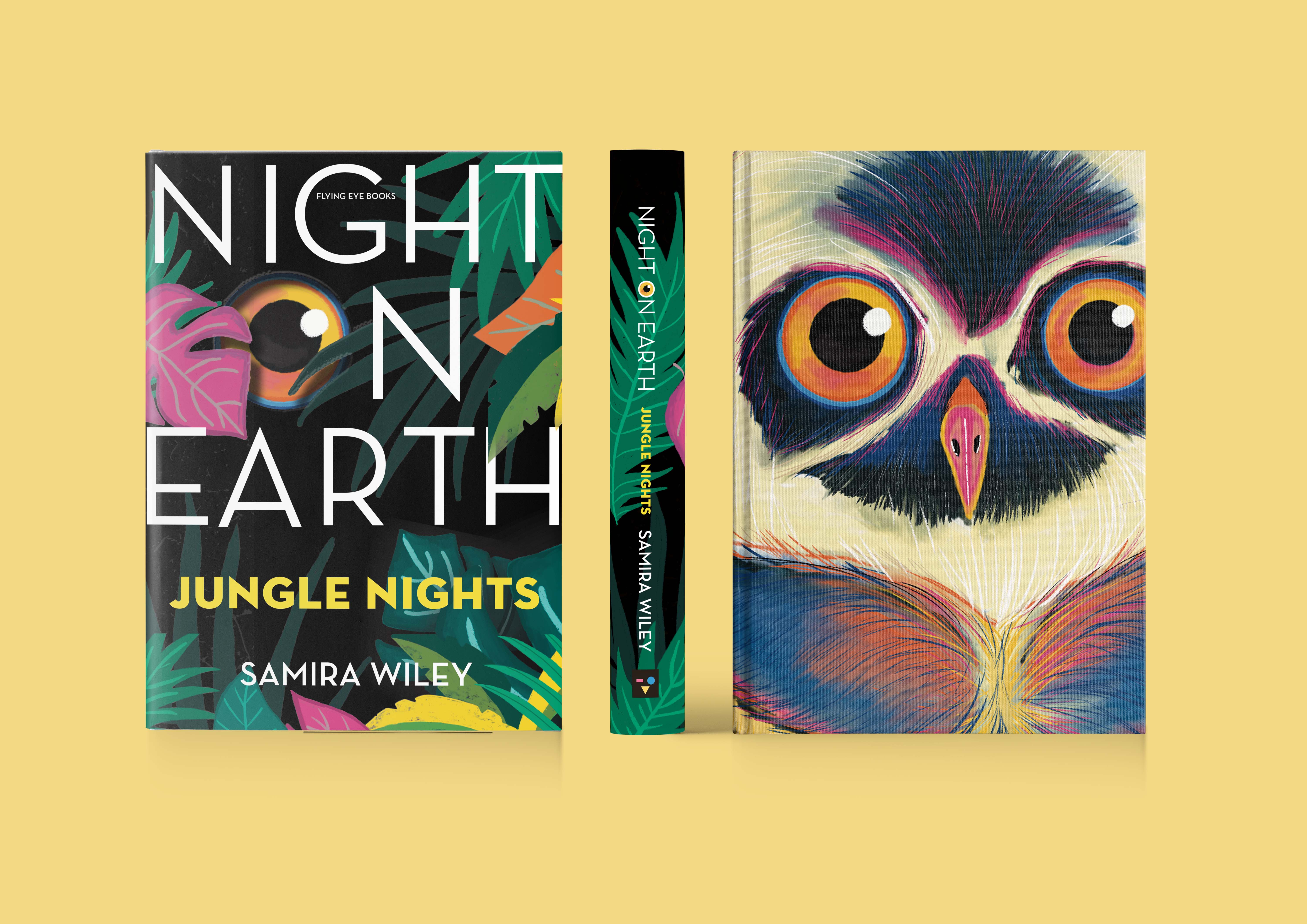 BA book design work by Katie Foreman, showing an illustrated dust jacket of jungle leaves, revealing a hard cover book of a colourful owl's head.