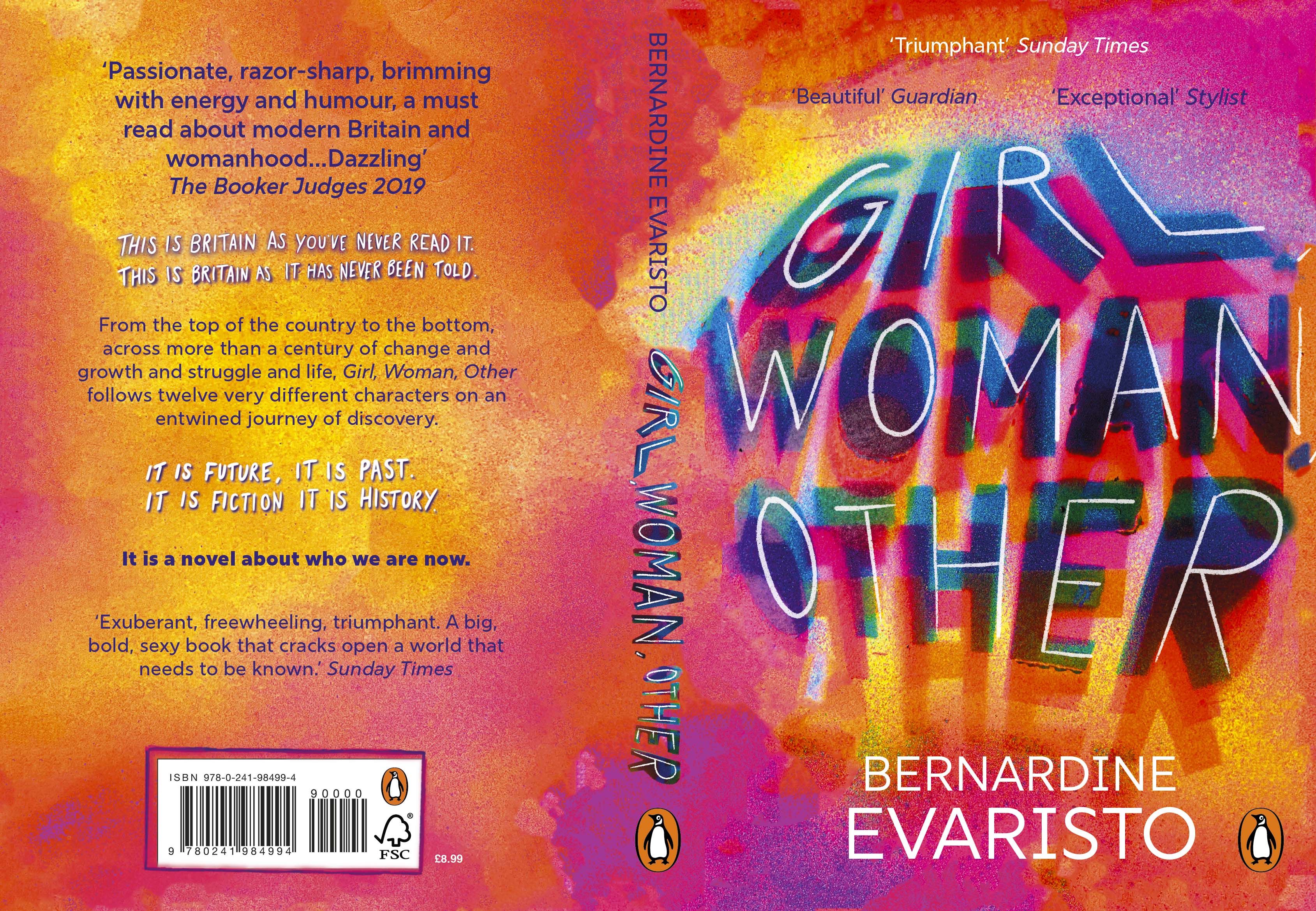 Book cover design by Katie Foreman, including a typographic response that has been created through spray painting and overlaying typography. Including bright neon colours, mostly pinks, blues, yellows, and oranges.
