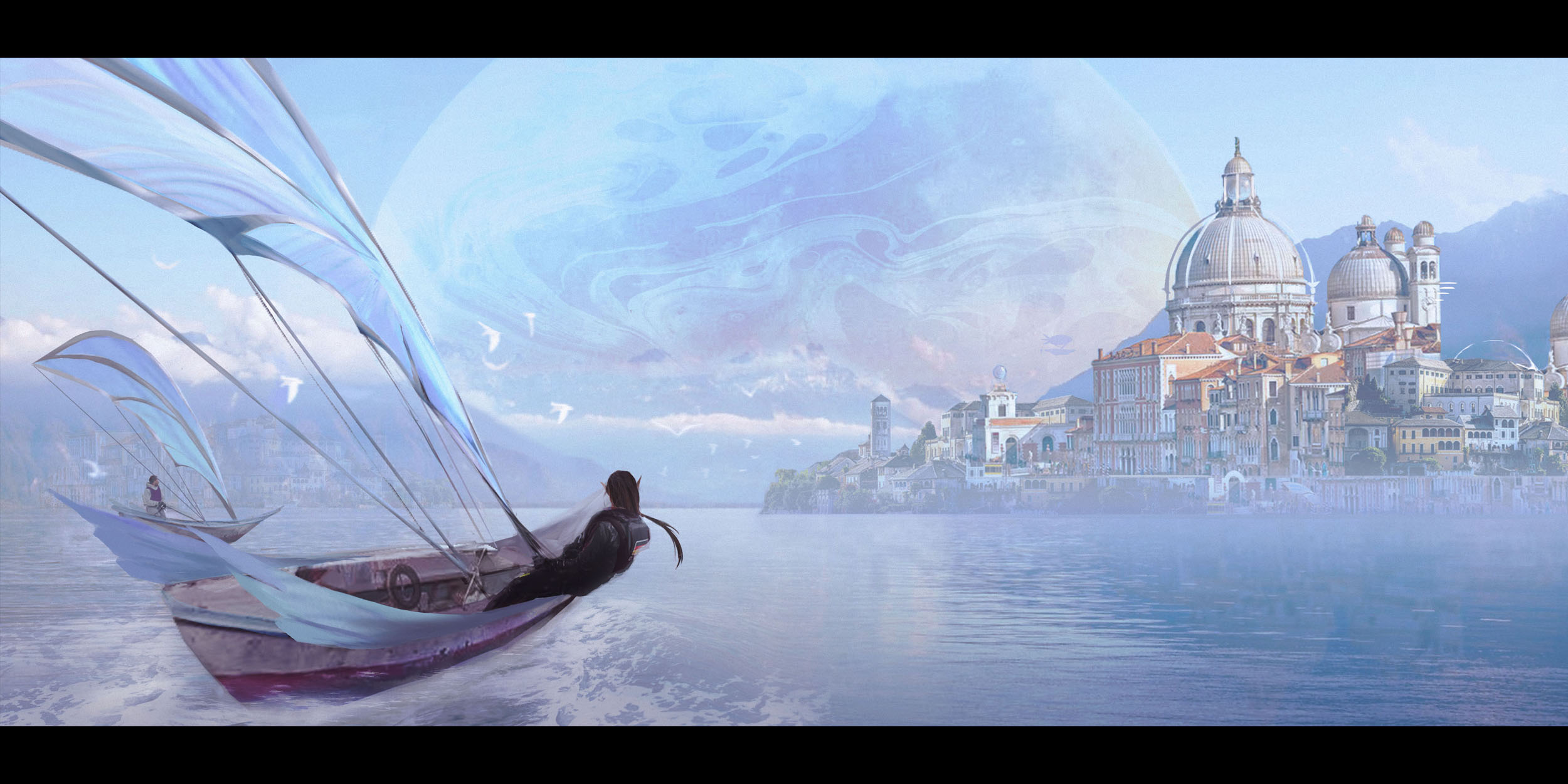 BA environment concept by Kay lee showing fantasy ships going towards a city on water with a large planet in the sky.
