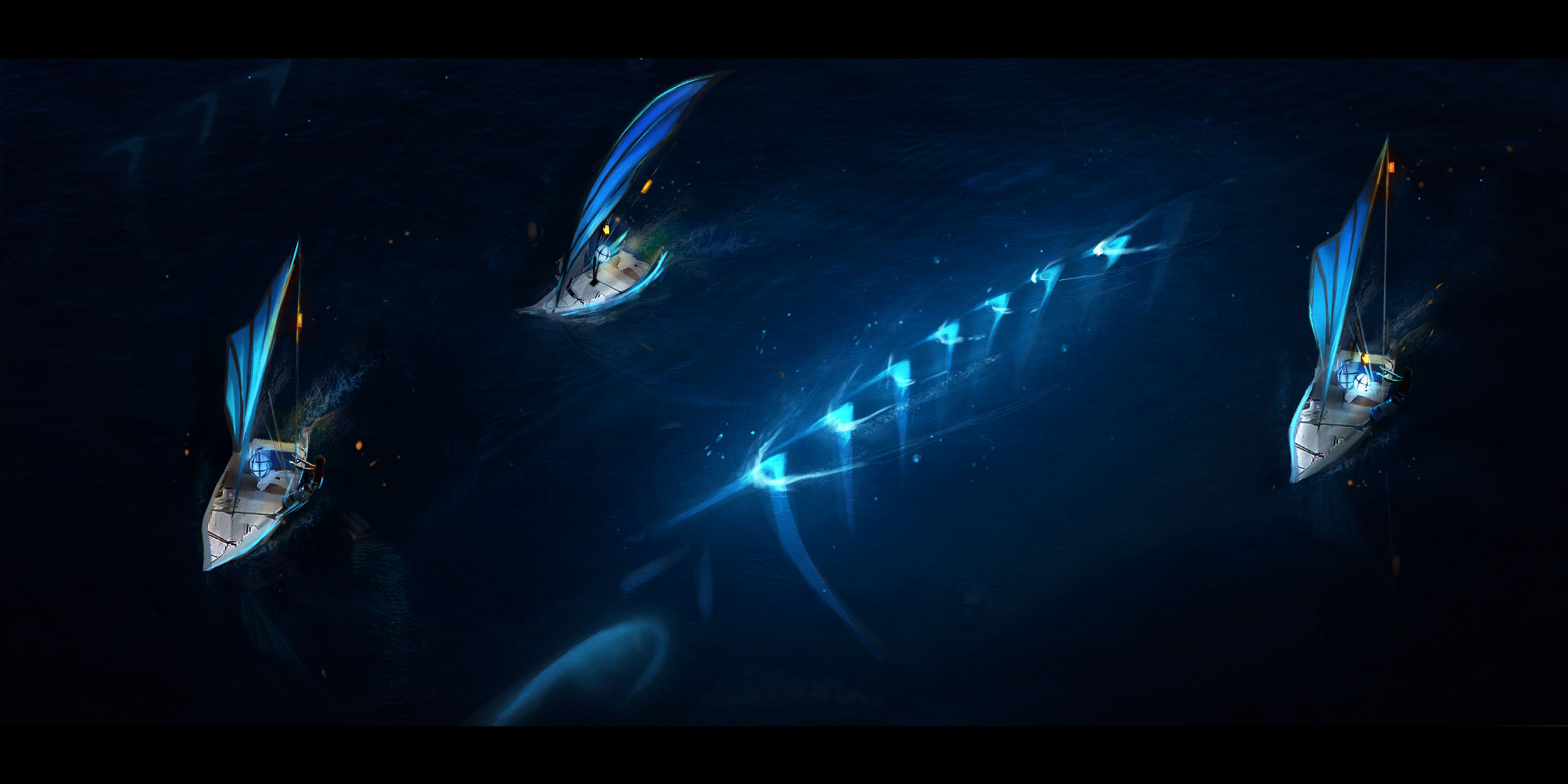 Concept Company where ships are greeted by large manawhales, making the surrounding water glow.