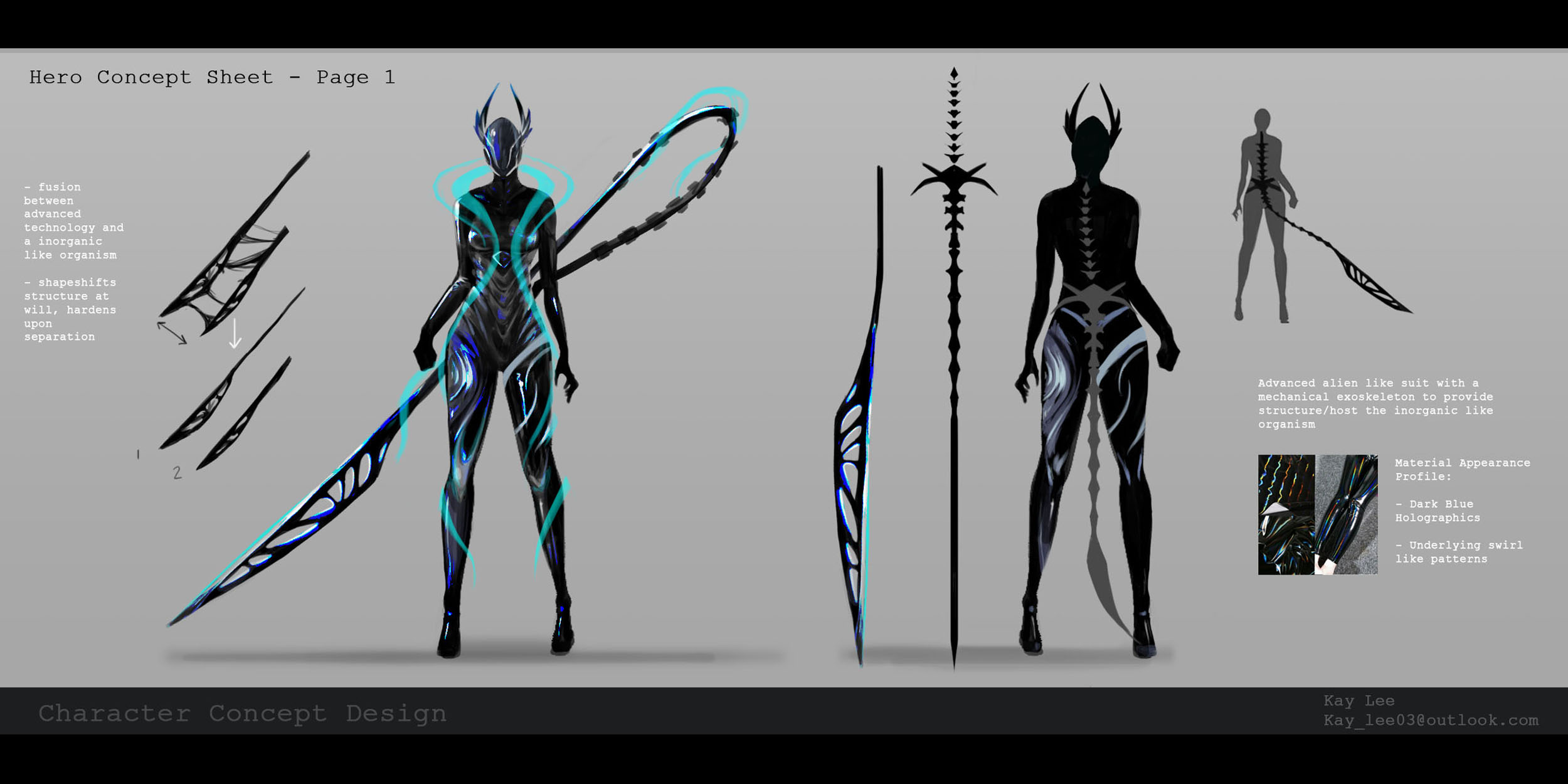 a woman in a sleek suit with an alien sword tail, with swirling blue patterns across her body