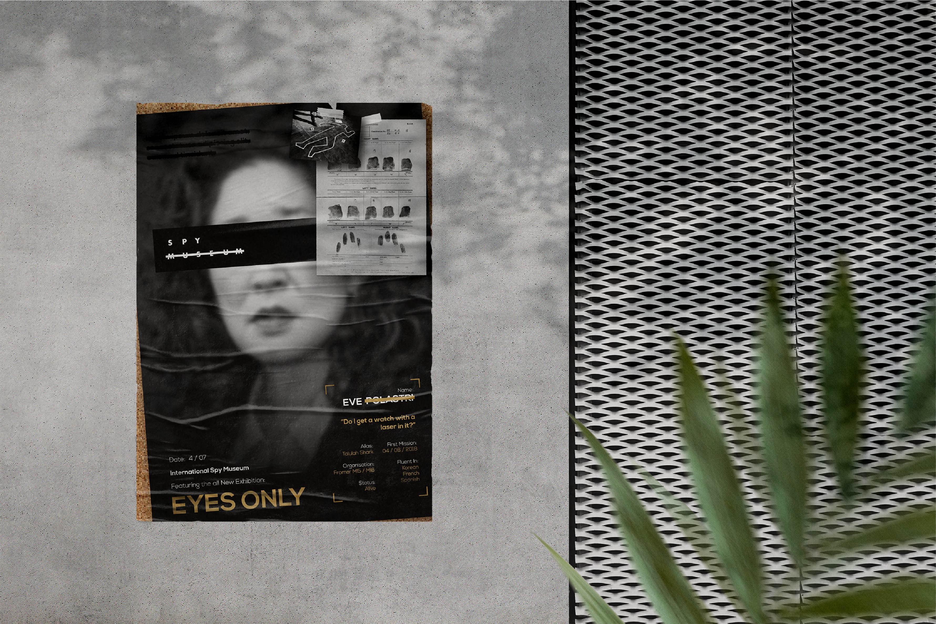 BA Graphic Communications work by Keiran O'Shea showing a poster that depicts a famous spy, with their identity being redacted.
