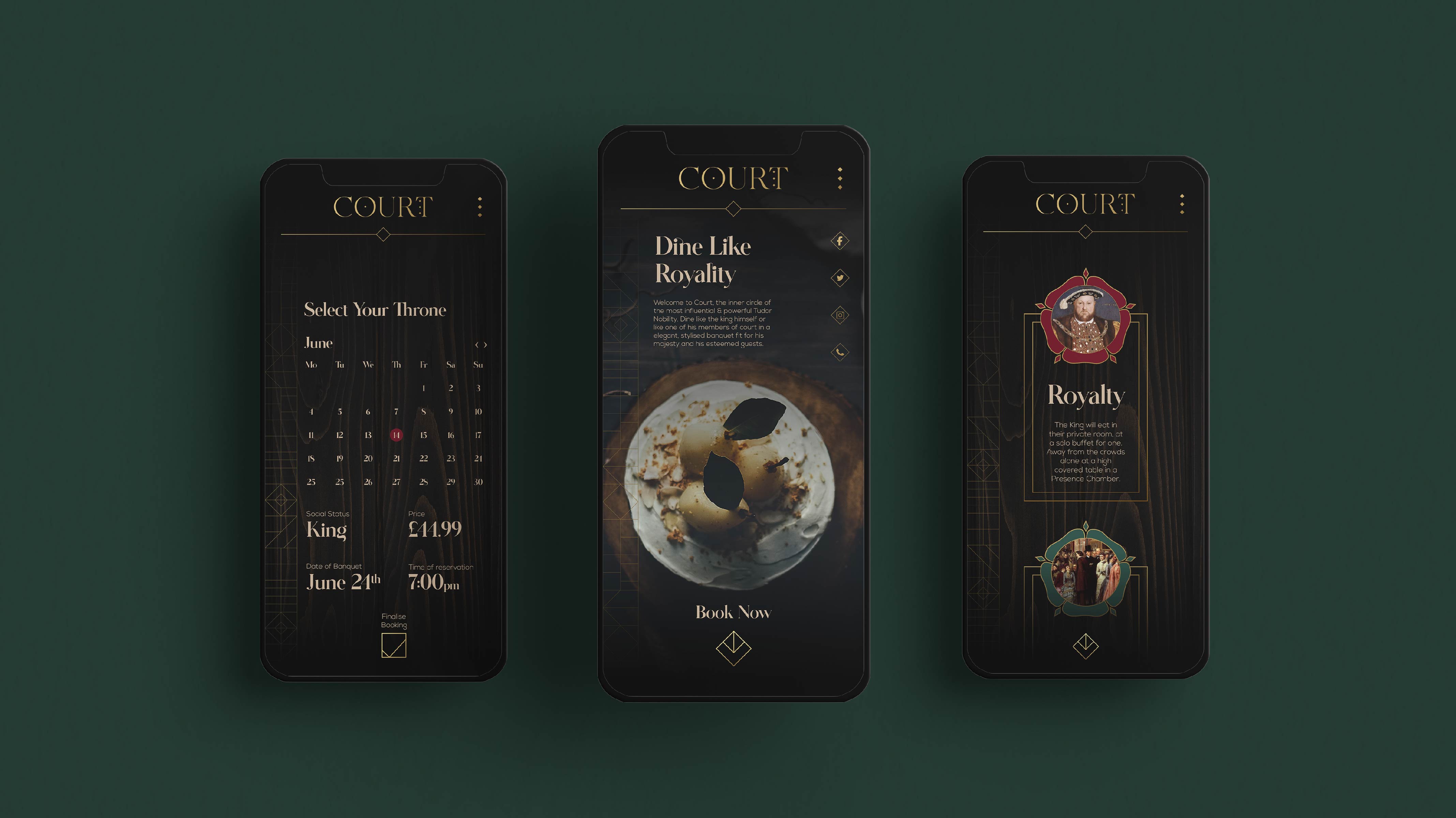 BA Graphic Communications work by Keiran O'Shea showing iPhone mockups for a responsive app for a restaurant, that is grounded in its location's history and feeling.