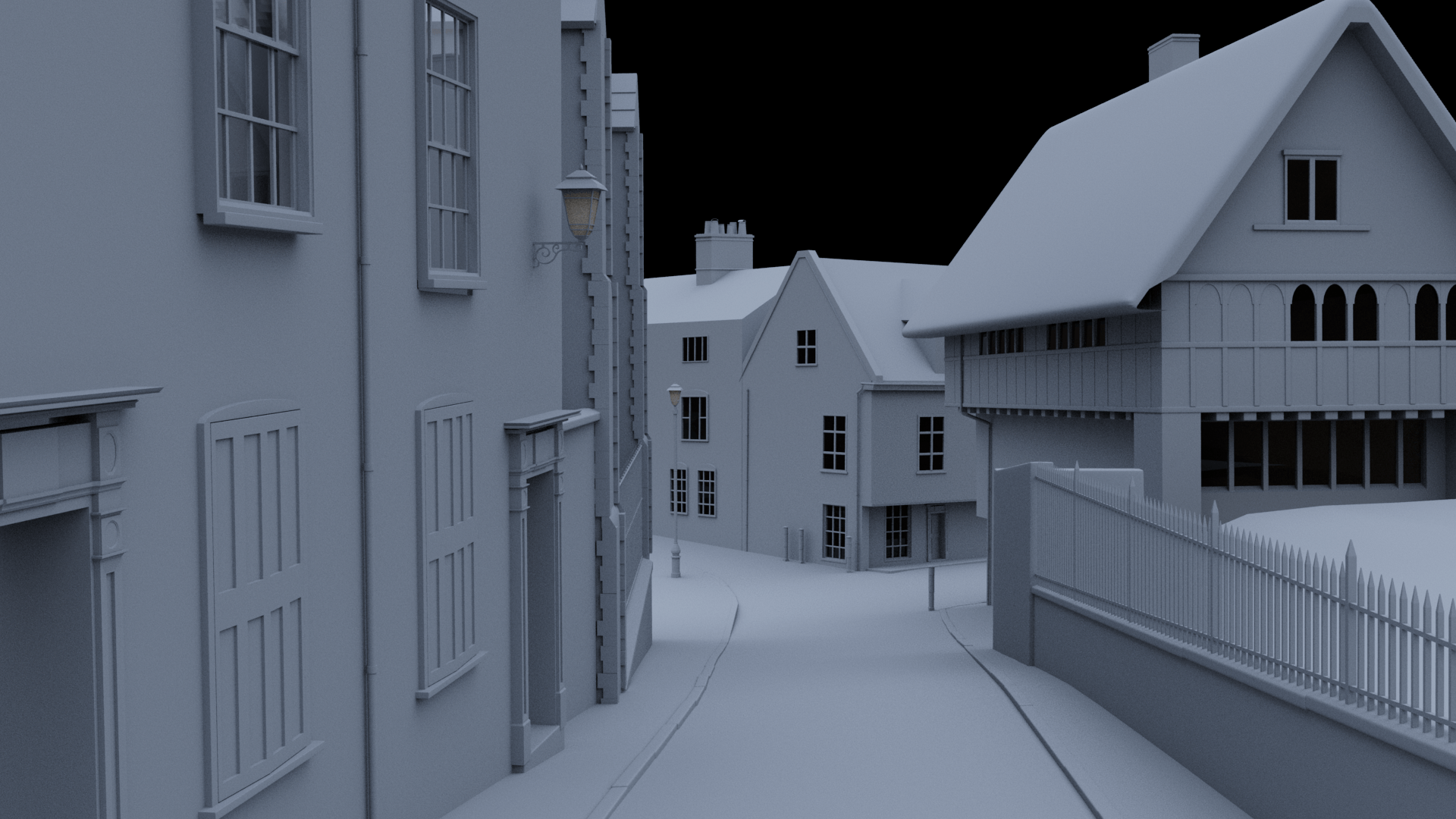 VFX 3D modelling work by Keldon Israel showing the untextured cobbled street of Elm Hill