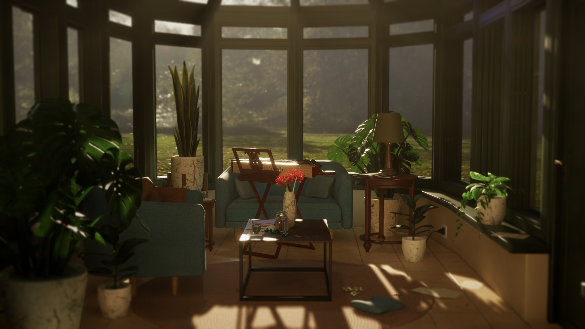 A 3D environment, which depicts a conservatory, which a family uses for relaxation.