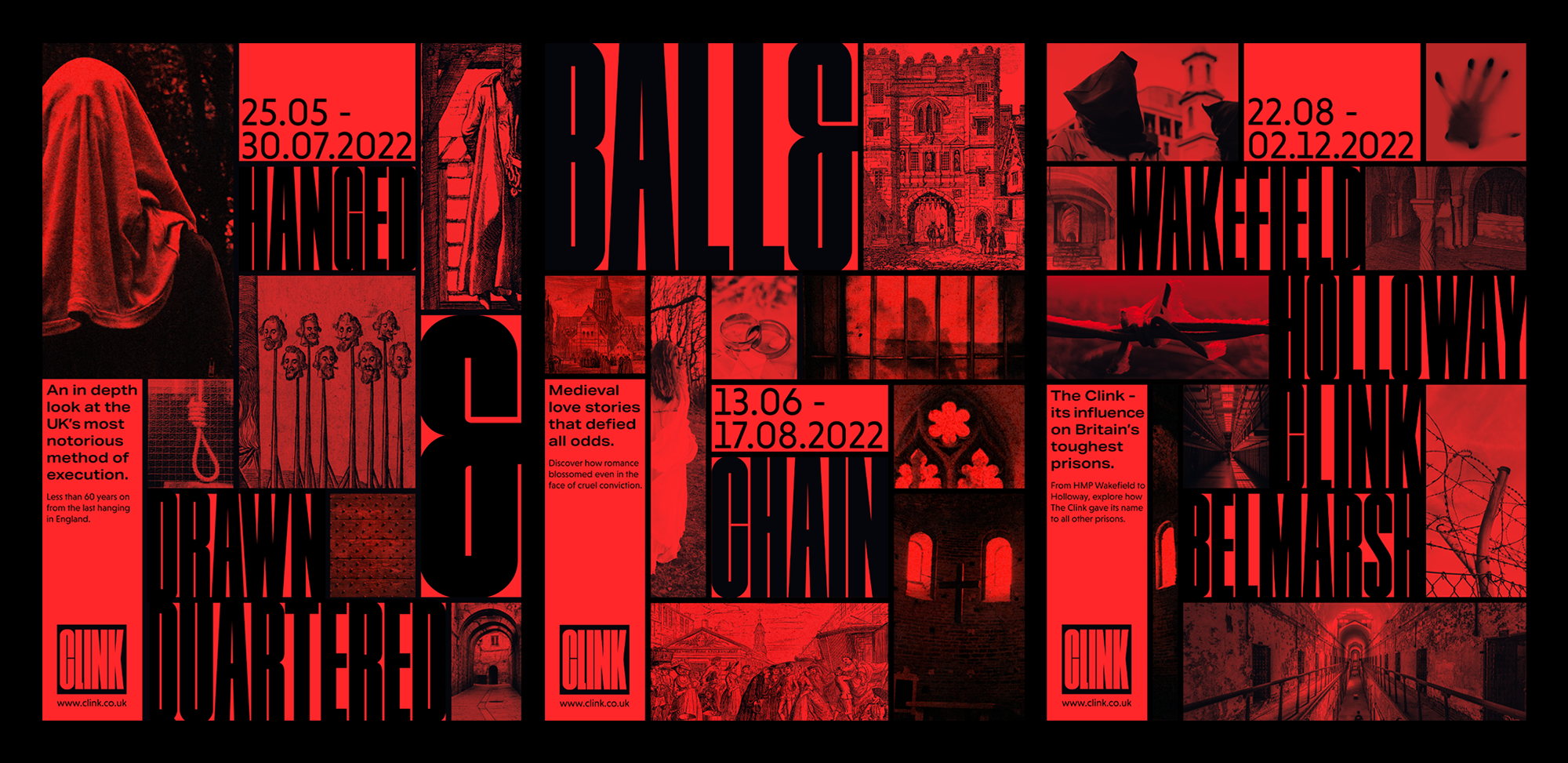 BA Graphic Communication work by Lara Mortimer showing a set of three promotional posters for the Clink Prison Museum.