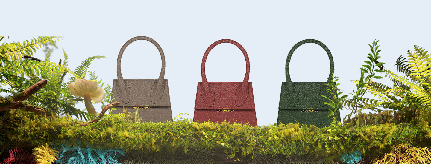 Mock-up of three Jacquemus bags, placed in a forest setting by Lauren Betts.