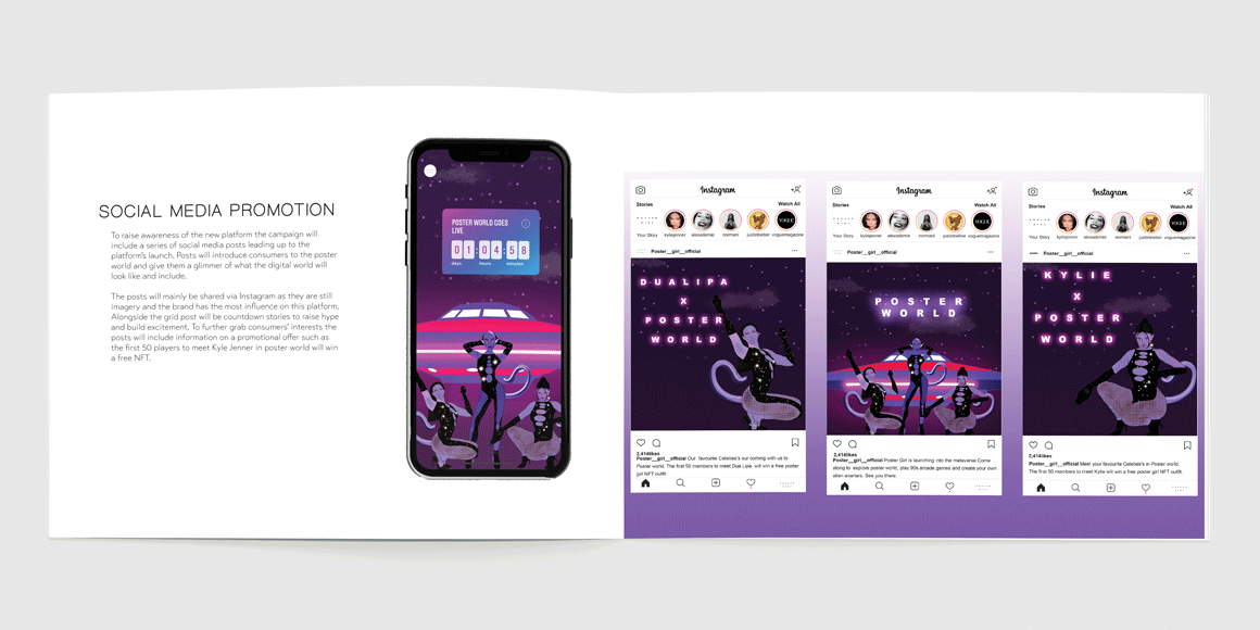 Social media mock-ups, illustrating 'Poster world', a hyper-saturated pink neon out of space experience