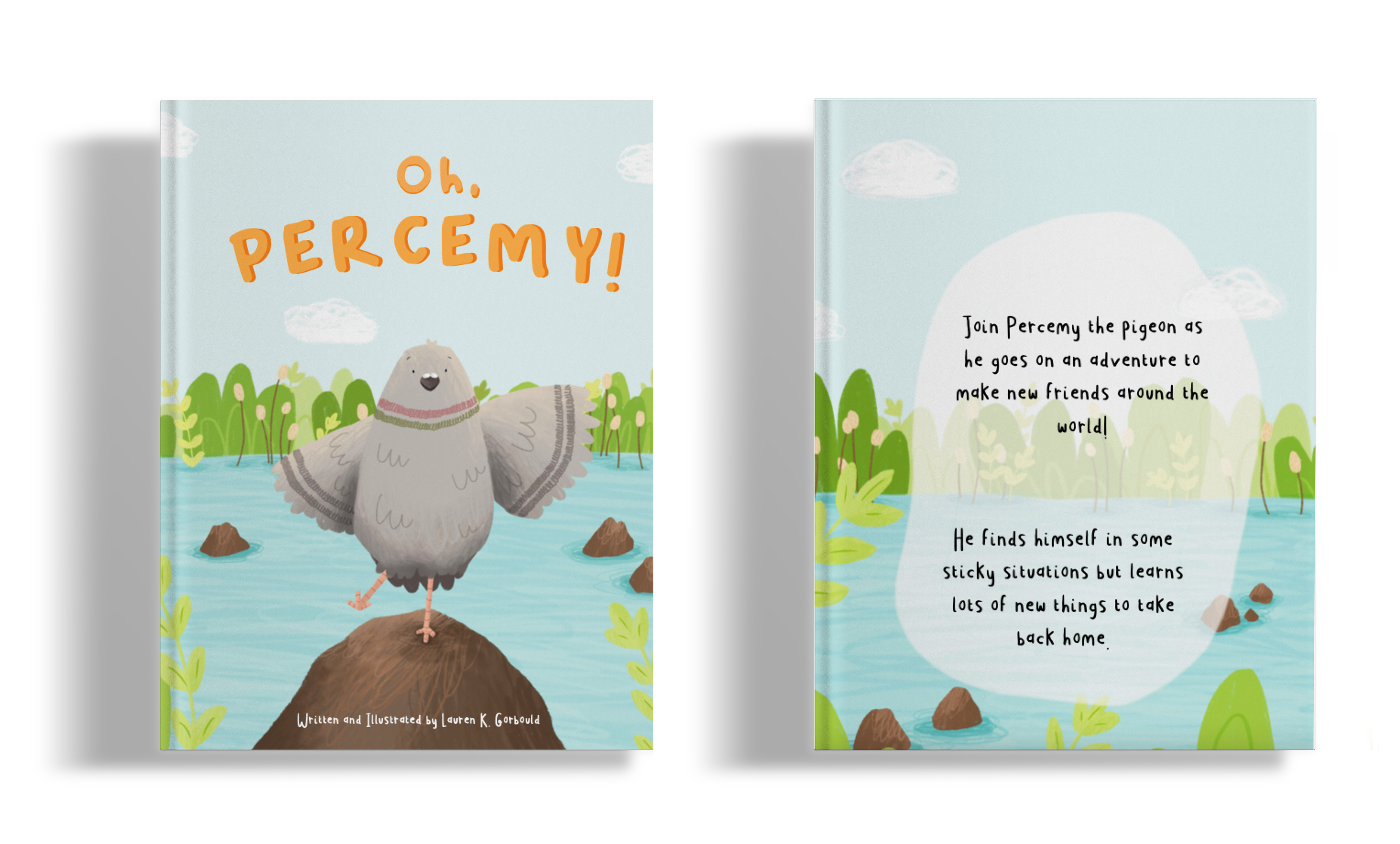 BA illustration showing Oh Percemy Pigeon book cover. A pigeon stands on one leg upon a brown rock with it's wings held open in a cute illustrative style