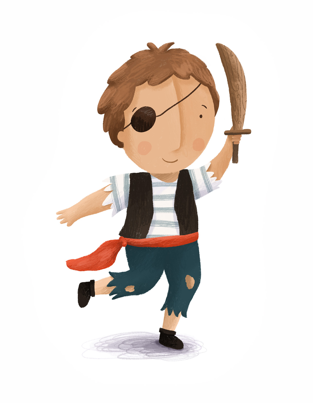 boy dressed as pirate wearing an eye patch, stripy t shirt and black waistcoat, with torn blue trousers and boots, holding a sword into the air by Lauren Gorbould