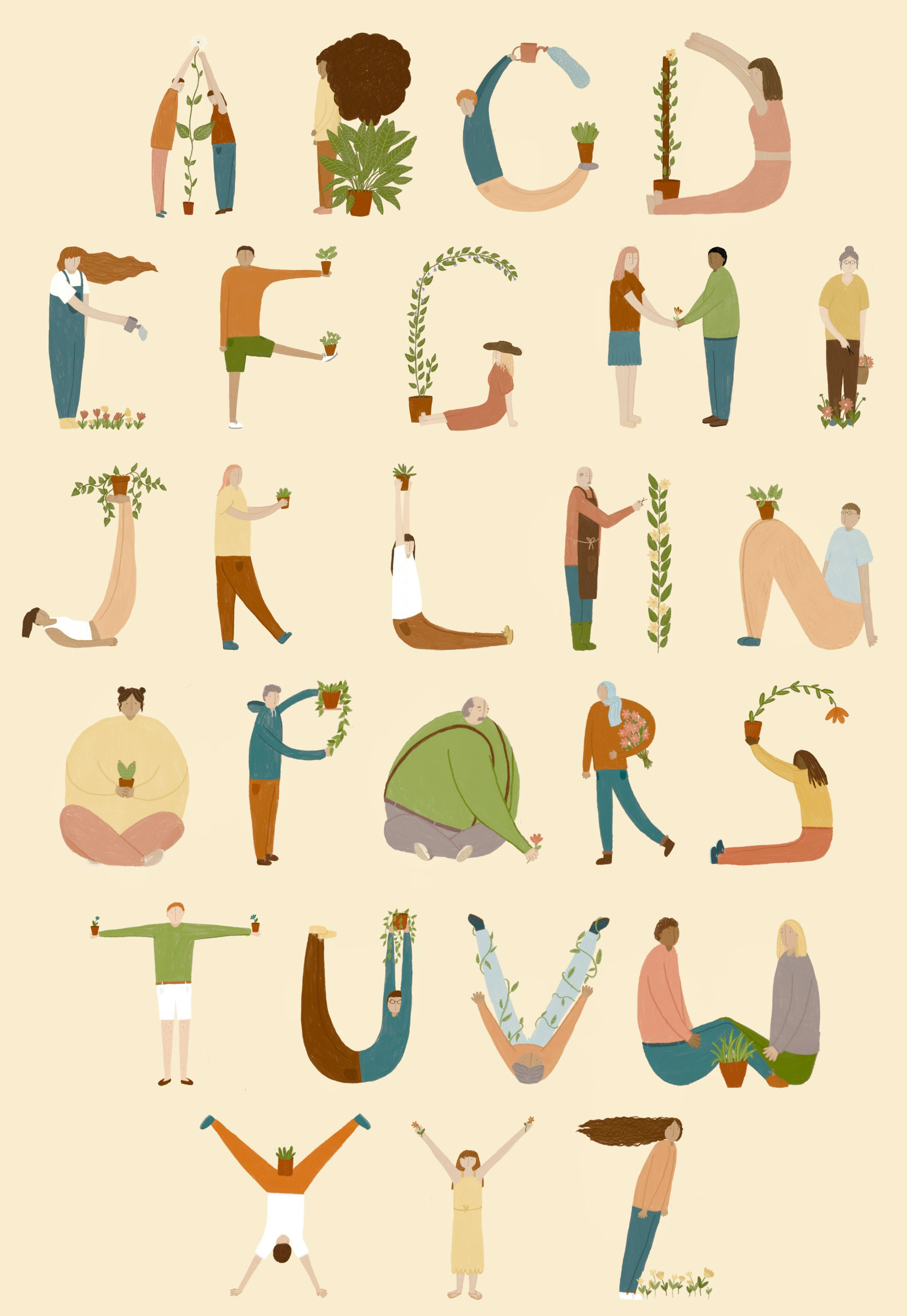An A-Z of humans in letter shapes, doing plant related activities by Lauren Gorbould
