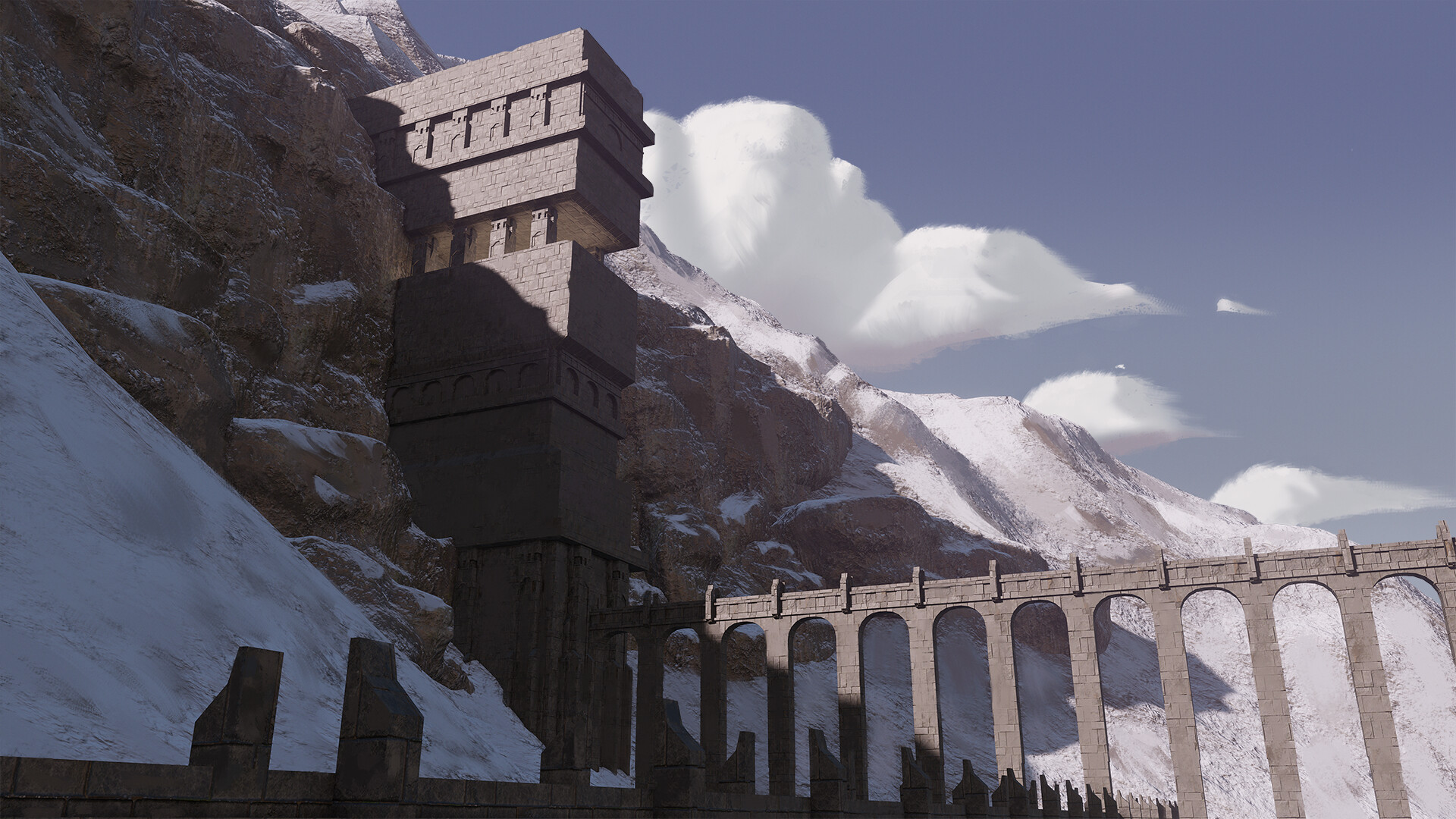 Illustration showing a large stone structure protruding from a snow-covered mountain. A long bridge extends from the structure, leading out of the frame.