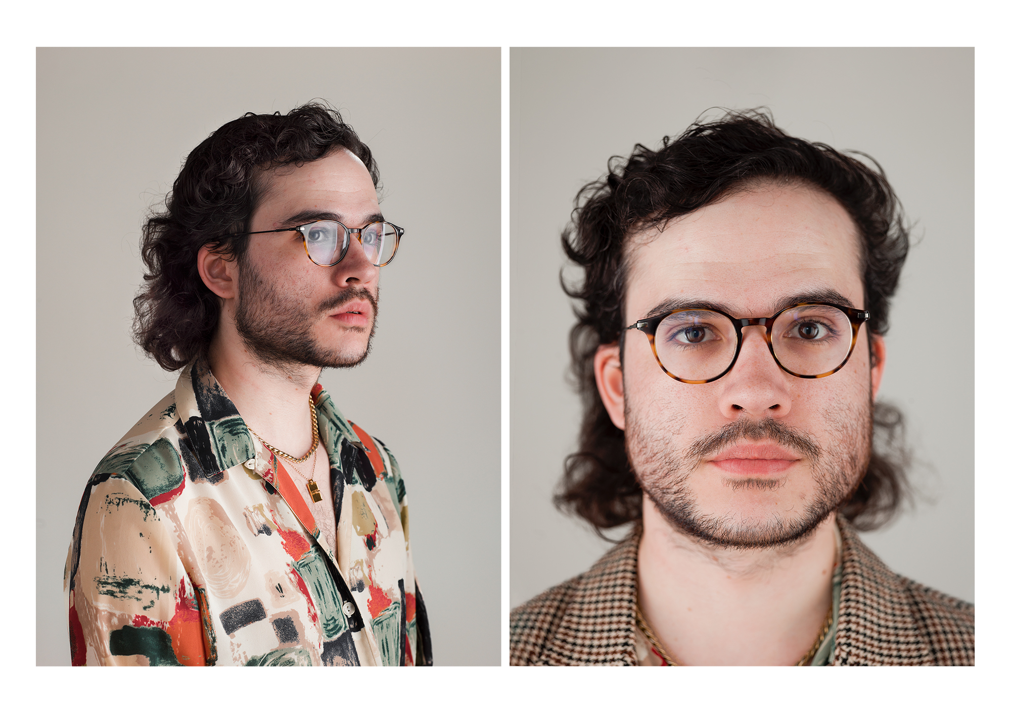 2 images side by-side of bearded male model with glasses