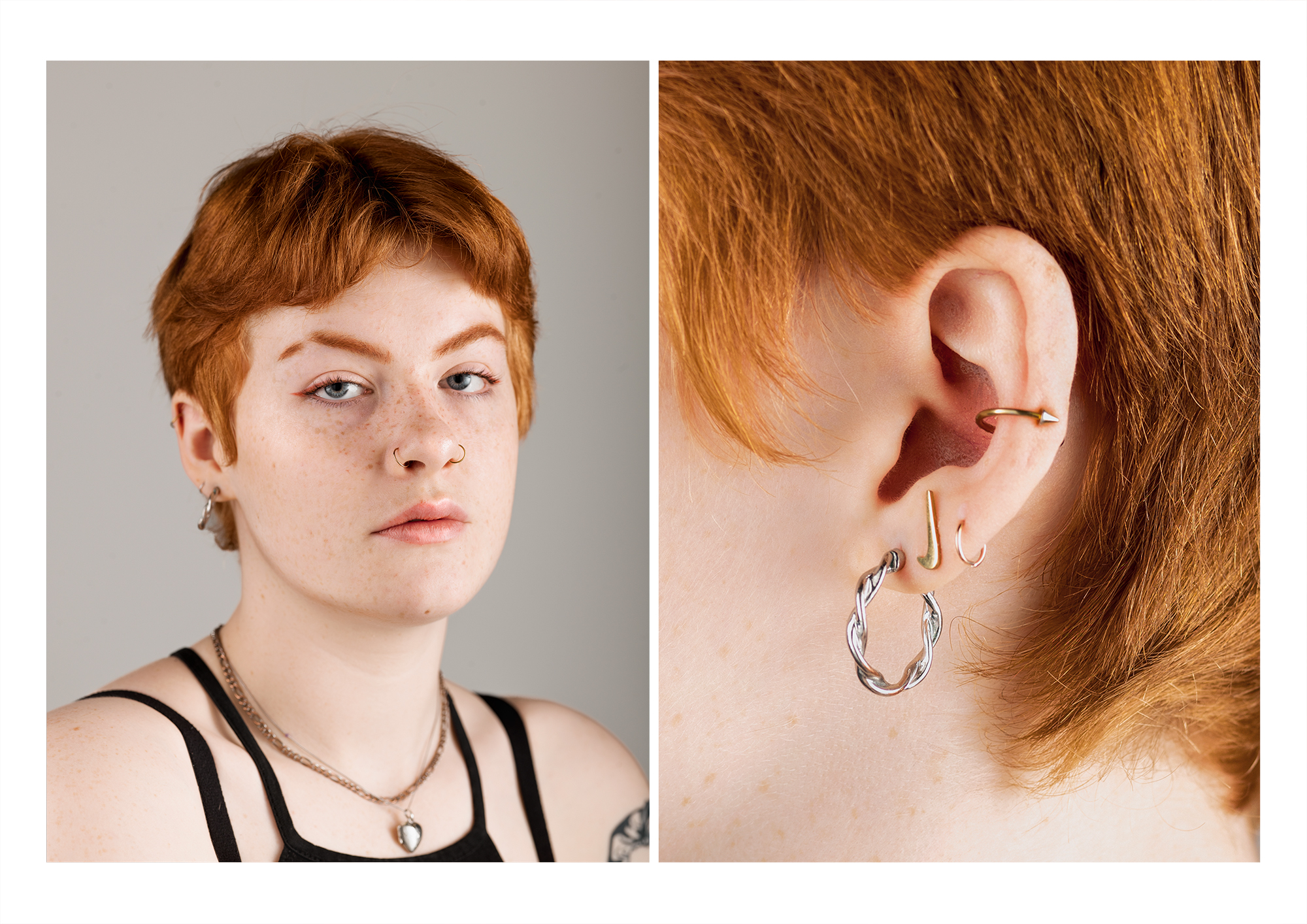 2 images side-by-side of short, ginger haired model wearing earrings and light makeup.