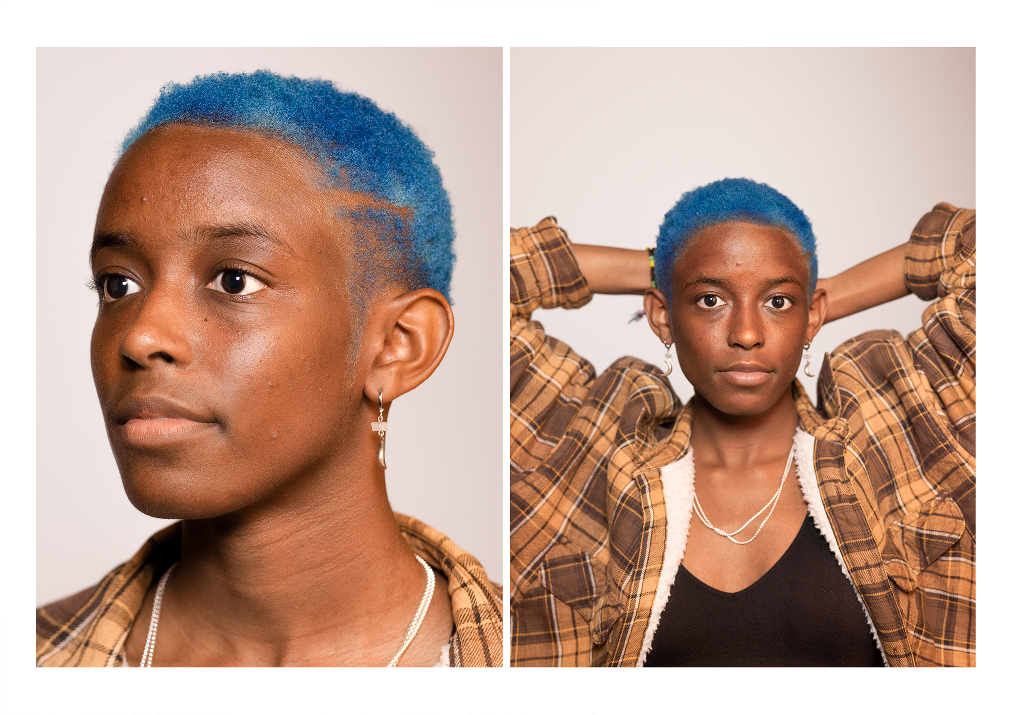 2 images side by side of model with blue buzzcut, first close up looking away from camera. Second with hands above head looking forwards.