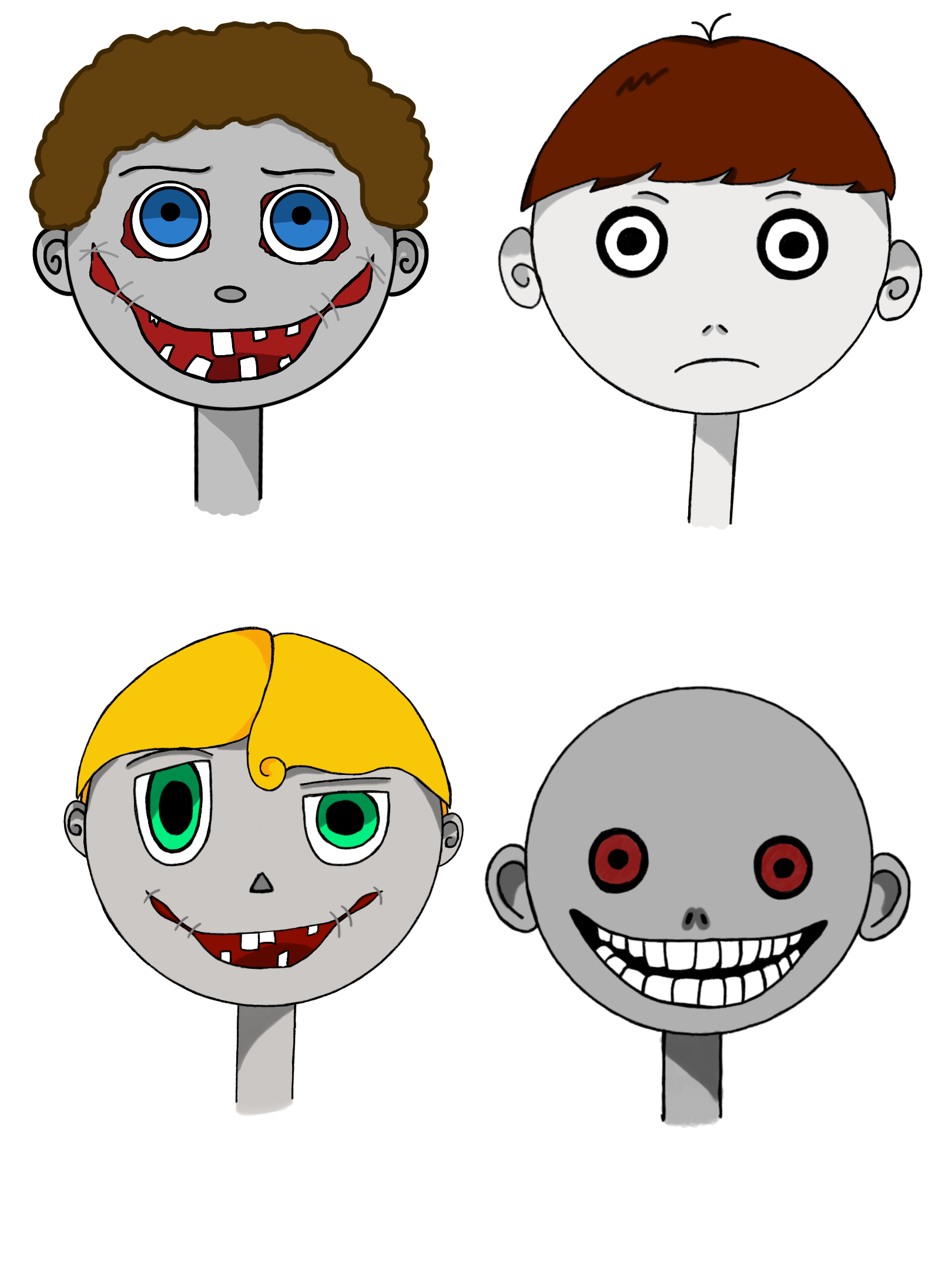 BA Games Art and design horror project by Lucy Saskia showing four final NPC designs with most of the characters smiling unwillingly.
