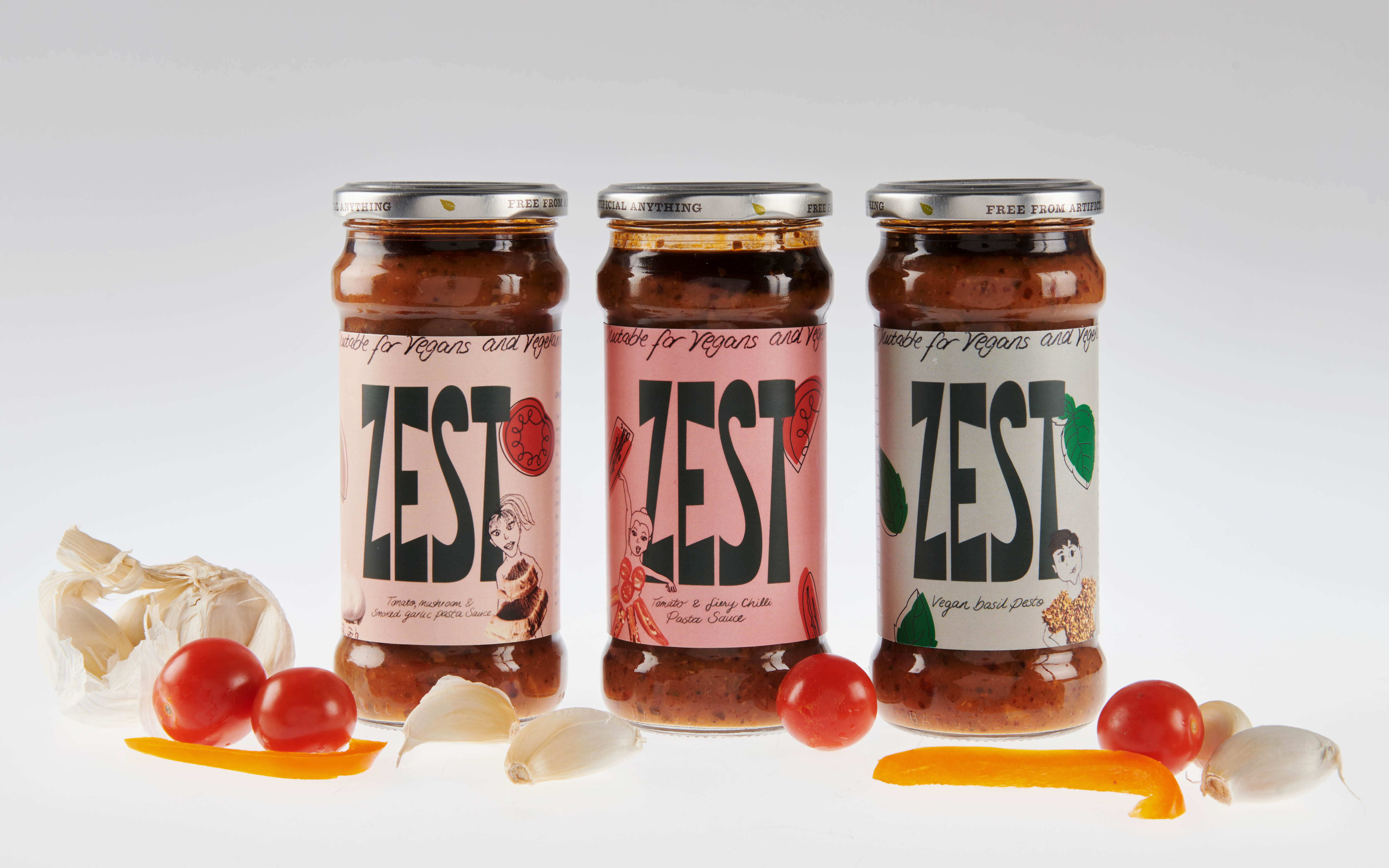 BA Graphic Design work by Lucy Howett. Rebrand for the vegan brand Zest. Focus is to make the brand more exciting and engaging using characters from ingredients in products.